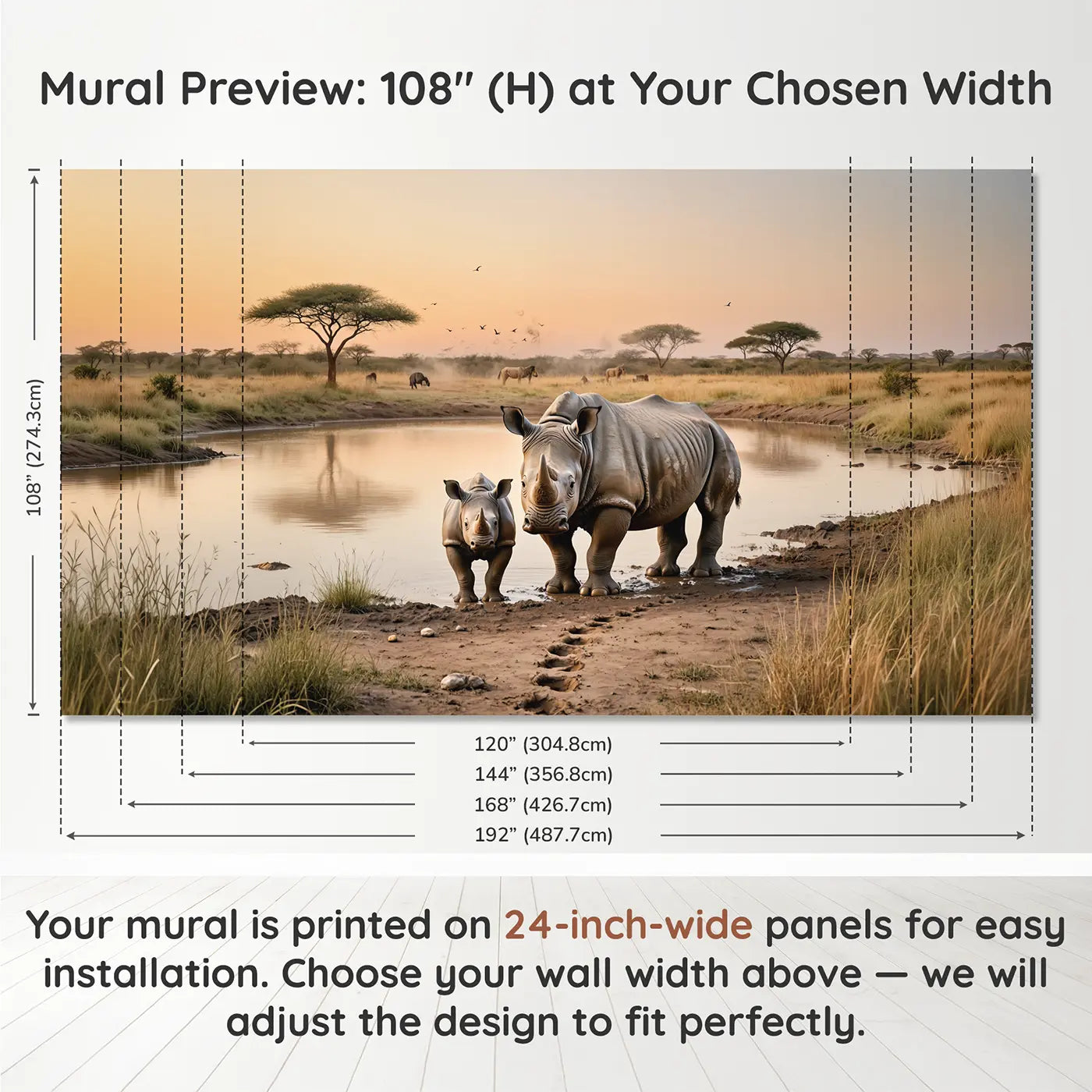 Panel layout and dimensions for Baby Rhino Mud Waterhole Wallpaper Mural by Whimsy Tots