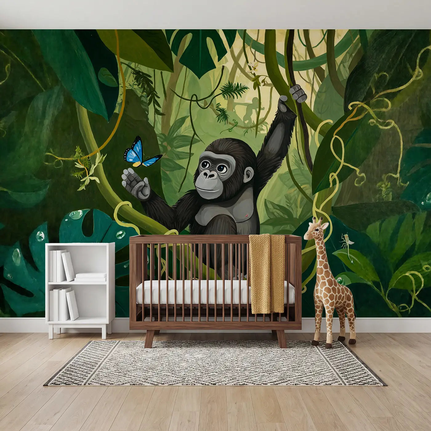 Modern Illustration baby gorilla vine butterfly wallpaper mural for kids room by Whimsy Tots