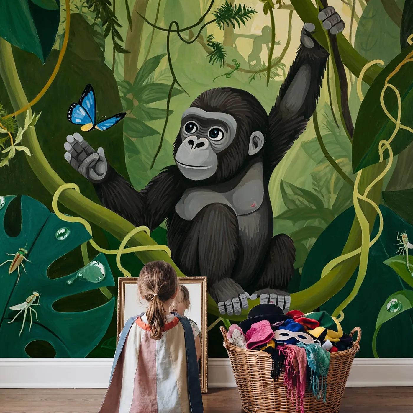 Child in nursery with Baby Gorilla Vine Butterfly Wallpaper Mural by Whimsy Tots
