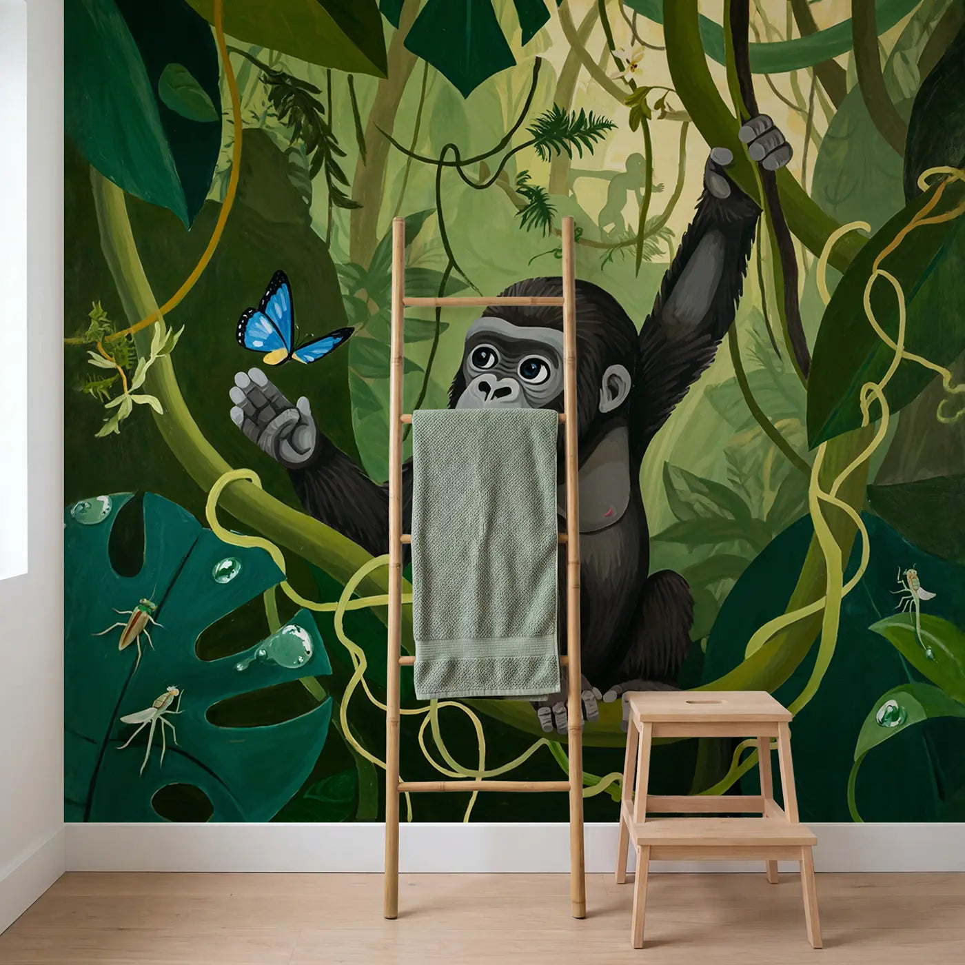 Baby Gorilla Vine Butterfly Wallpaper Mural in playroom setting by Whimsy Tots