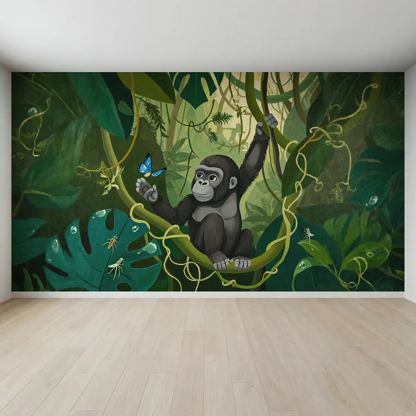 Full view of Baby Gorilla Vine Butterfly Wallpaper Mural by Whimsy Tots