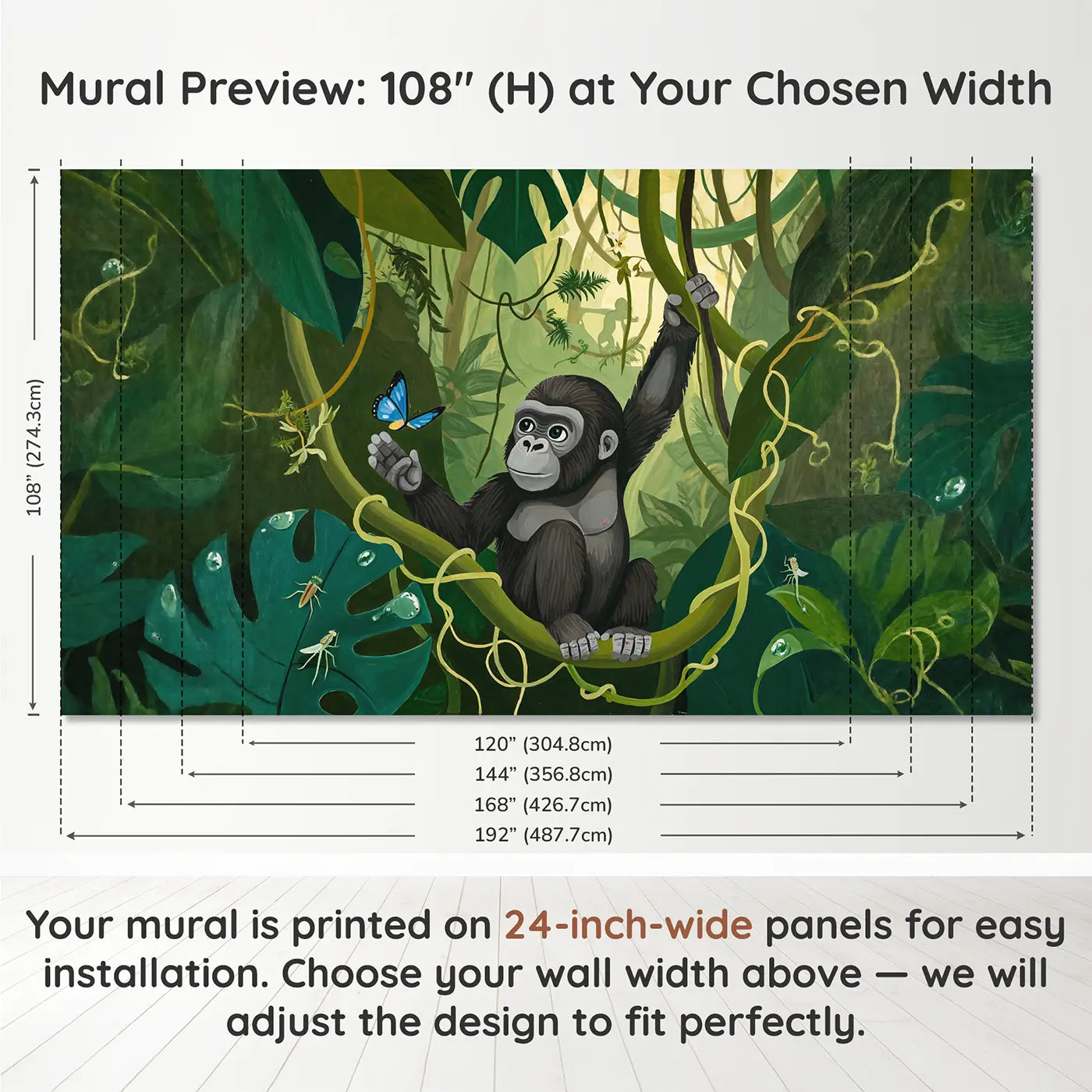 Panel layout and dimensions for Baby Gorilla Vine Butterfly Wallpaper Mural by Whimsy Tots