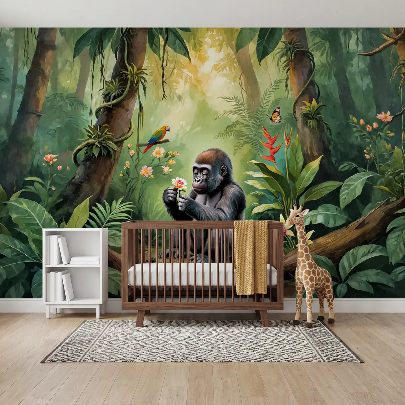 Soft pastel gorilla mother and baby wallpaper mural for nursery by Whimsy Tots
