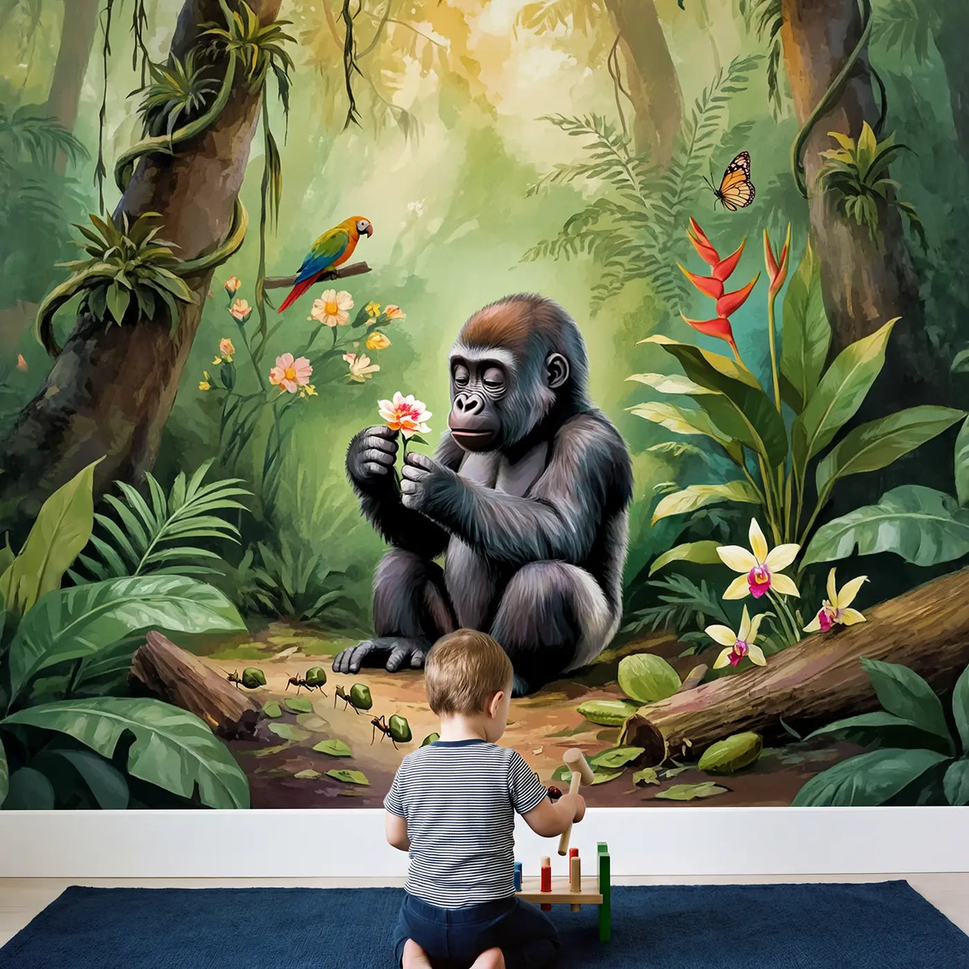 Child in nursery with Gentle Gorilla Baby Discovery Wallpaper Mural by Whimsy Tots