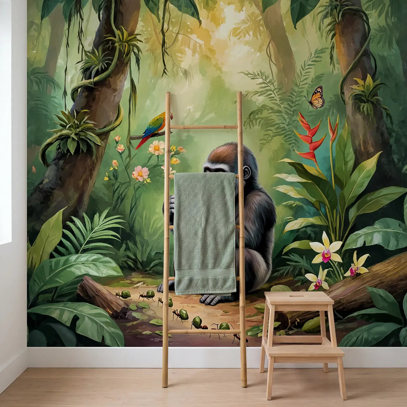 Gentle Gorilla Baby Discovery Wallpaper Mural in playroom setting by Whimsy Tots