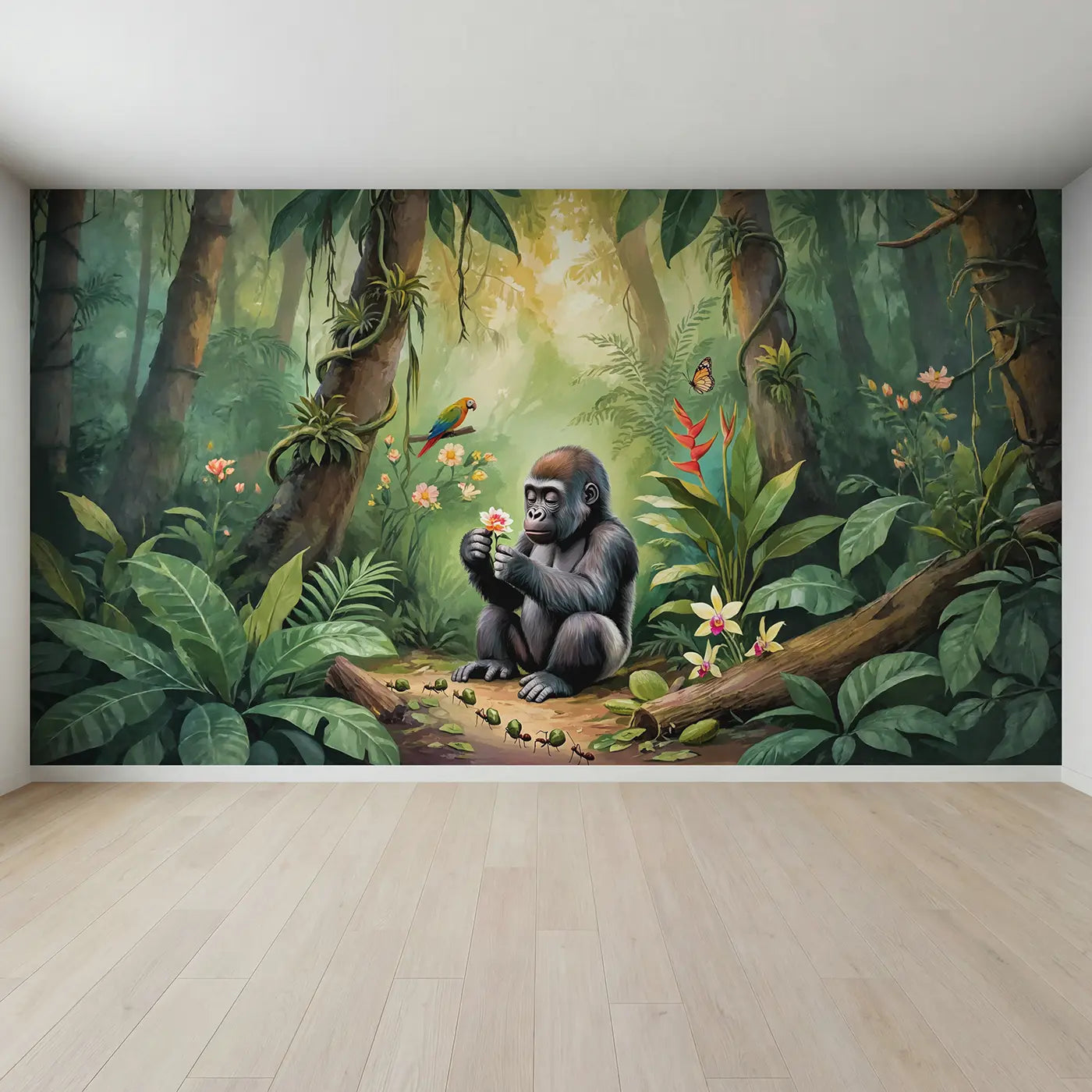 Full view of Gentle Gorilla Baby Discovery Wallpaper Mural by Whimsy Tots
