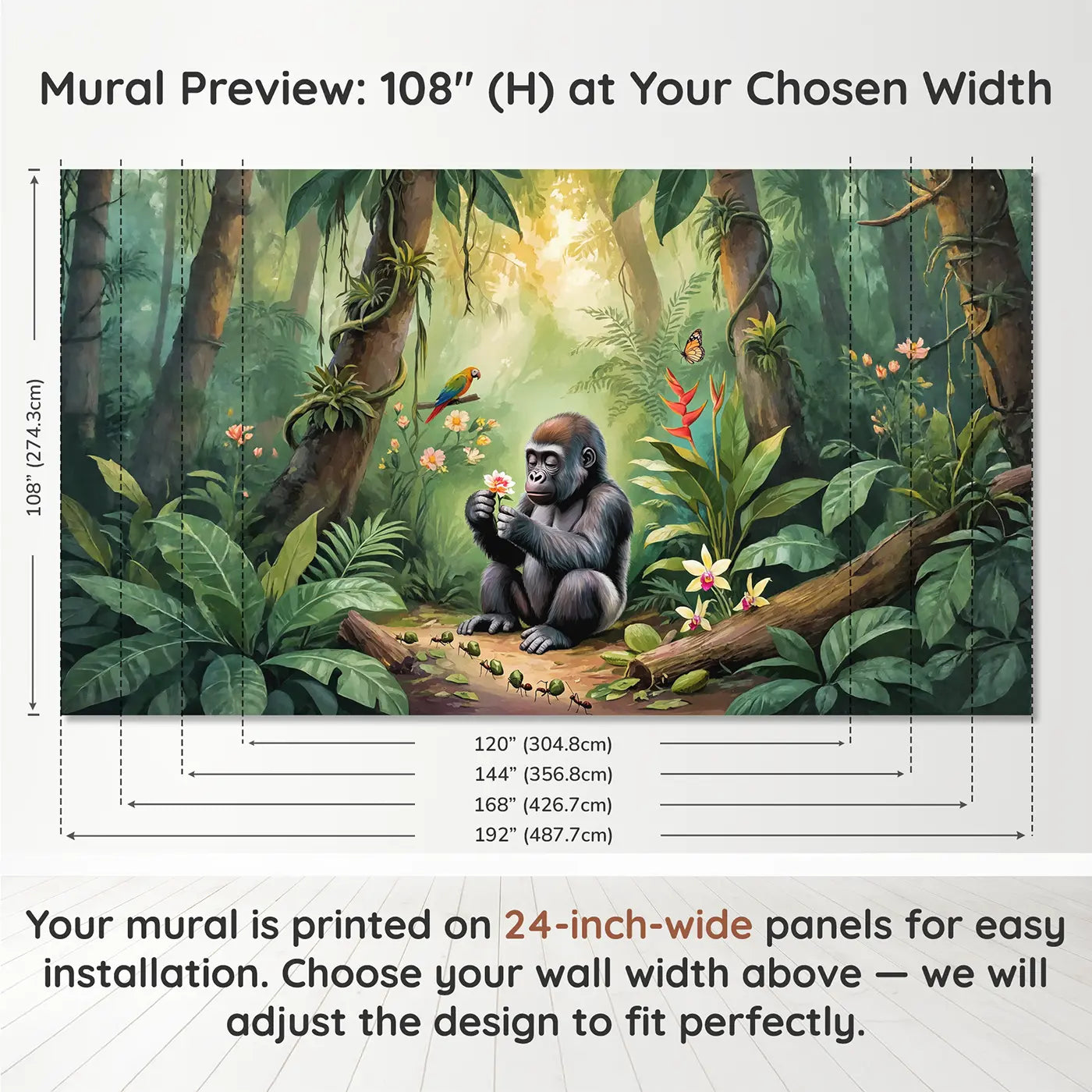 Panel layout and dimensions for Gentle Gorilla Baby Discovery Wallpaper Mural by Whimsy Tots