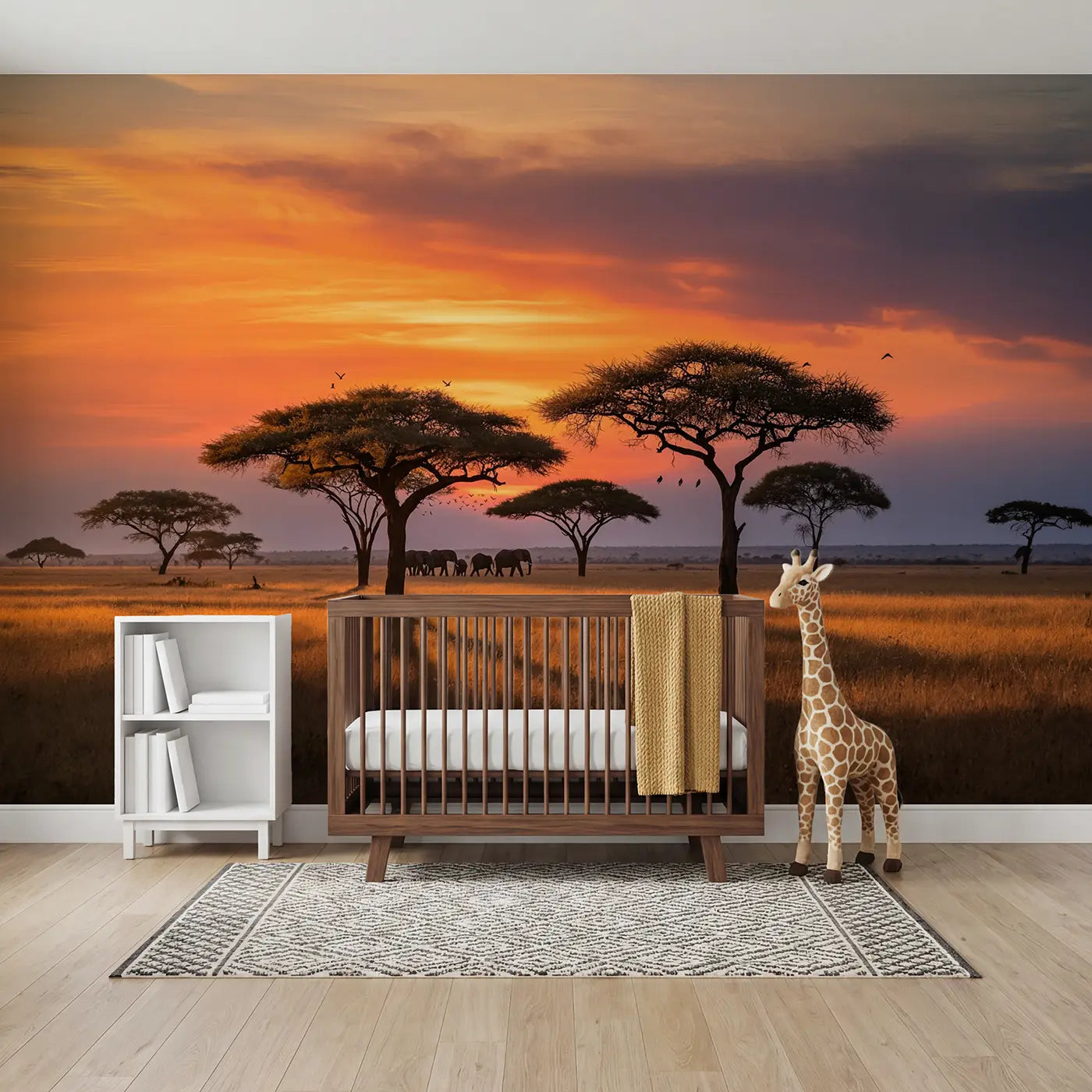Soft Pastel safari acacia sunset silhouette wallpaper mural for nursery by Whimsy Tots