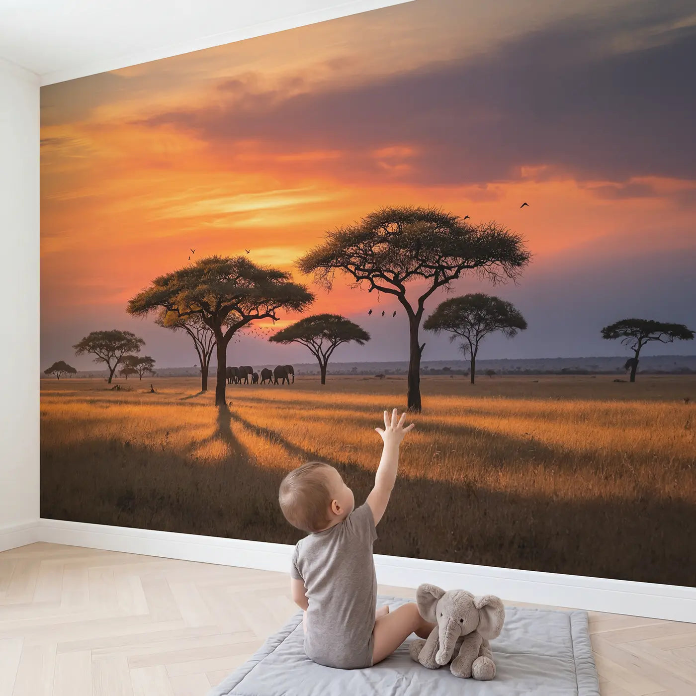 Child in nursery with Safari Acacia Sunset Silhouette Wallpaper Mural by Whimsy Tots