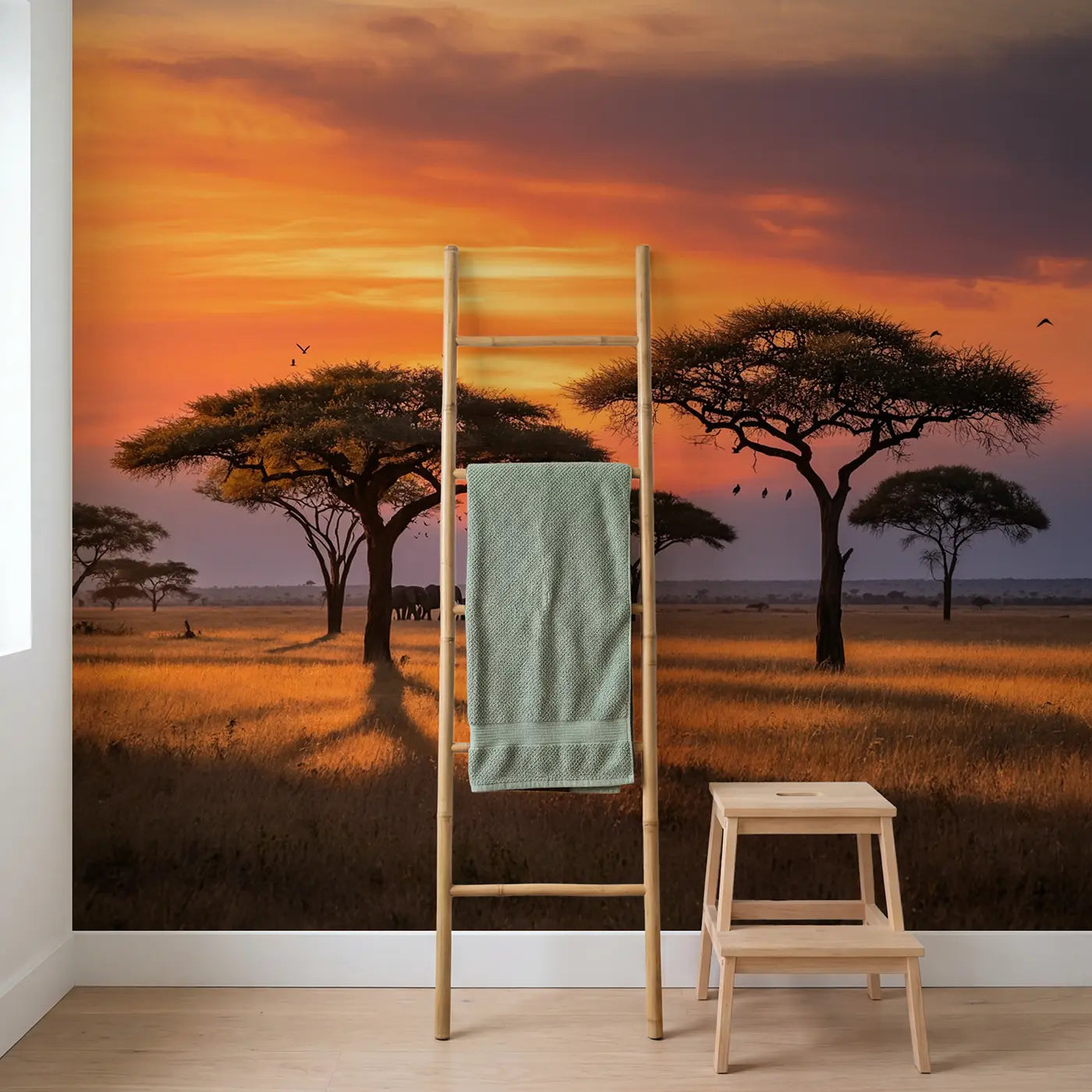 Safari Acacia Sunset Silhouette Wallpaper Mural in playroom setting by Whimsy Tots
