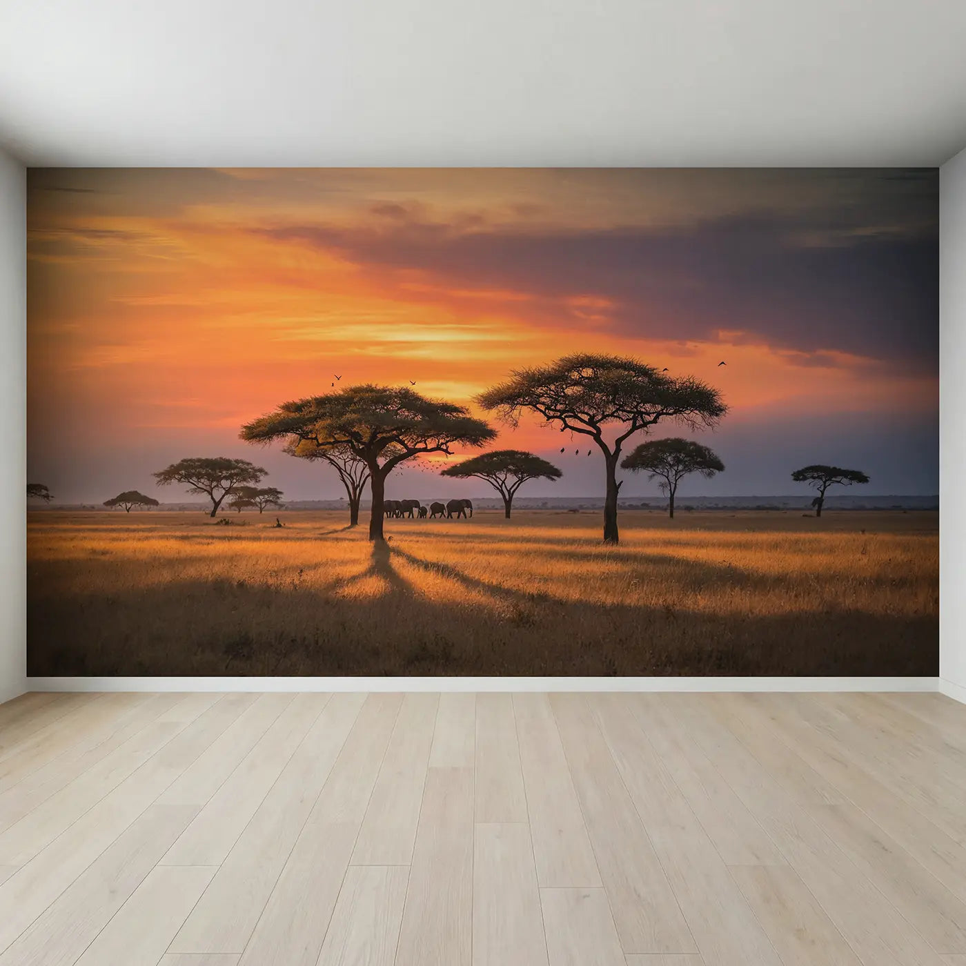 Full view of Safari Acacia Sunset Silhouette Wallpaper Mural by Whimsy Tots