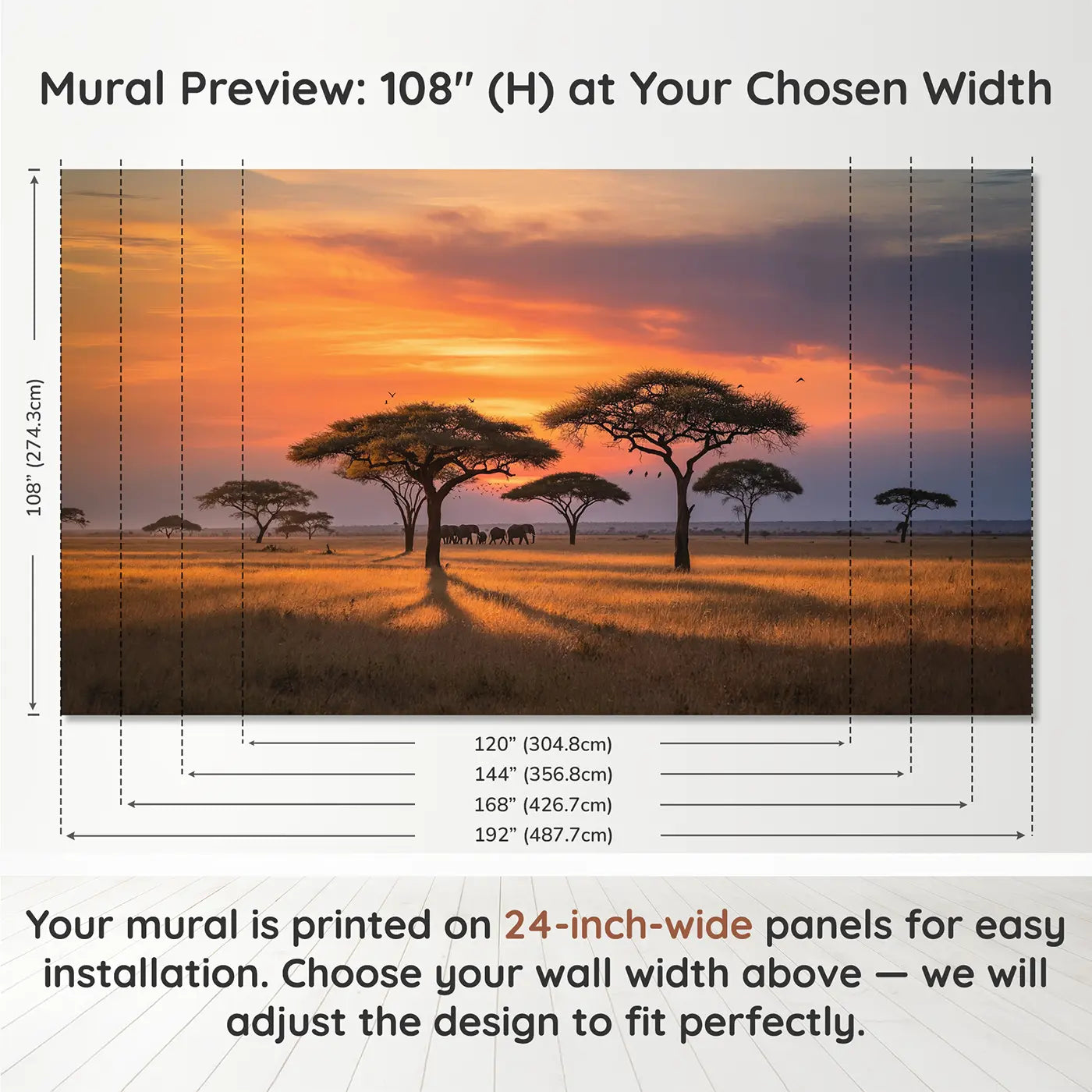 Panel layout and dimensions for Safari Acacia Sunset Silhouette Wallpaper Mural by Whimsy Tots