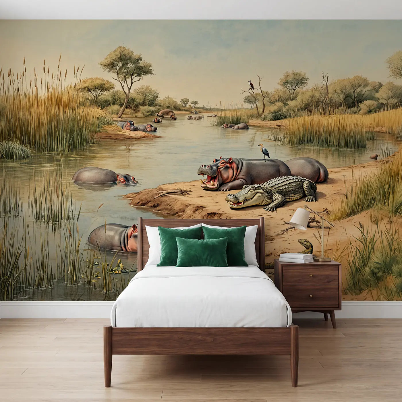 Storybook hippo and crocodile in river wallpaper mural for girls room by Whimsy Tots