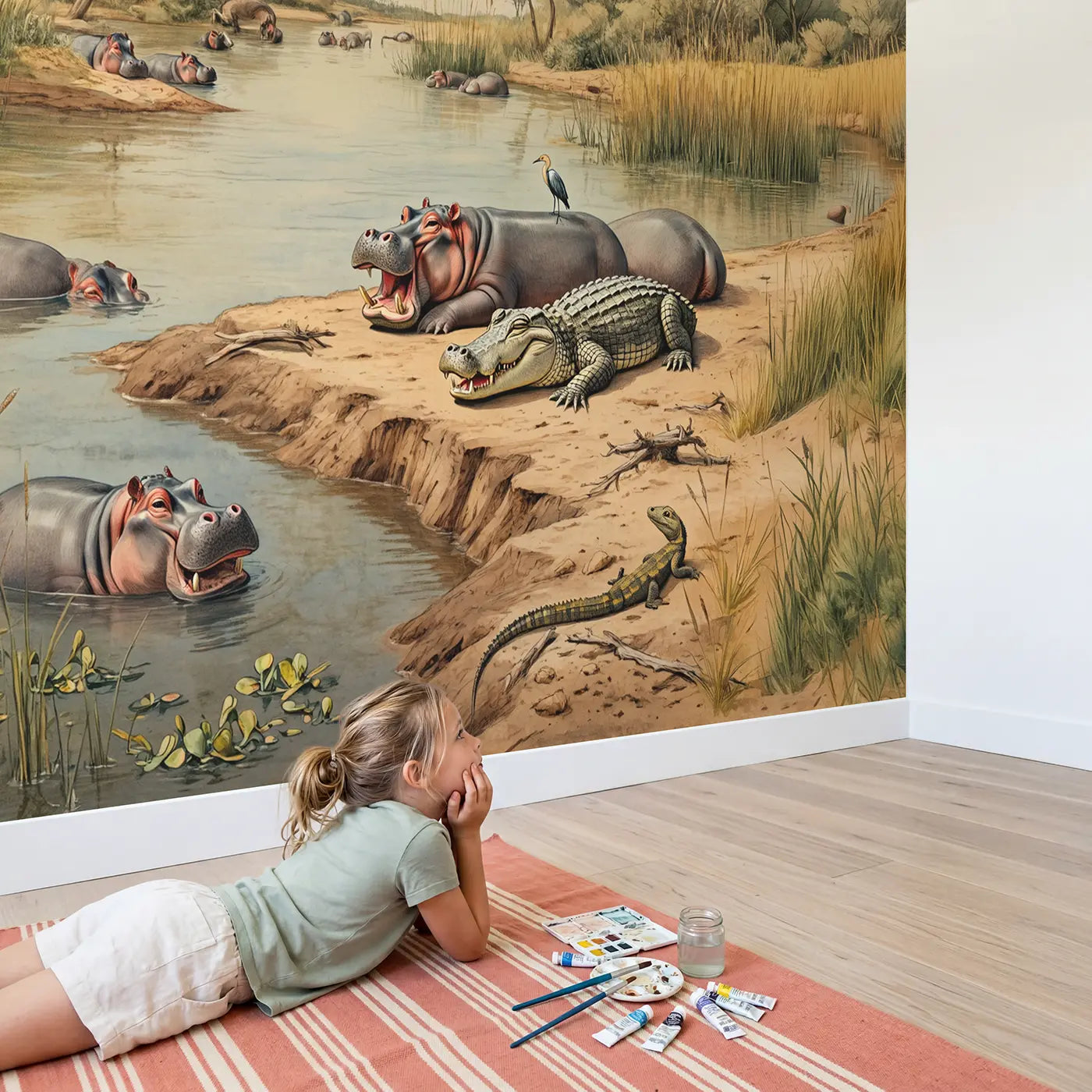 Child in nursery with Hippo and Croc River Pool Wallpaper Mural by Whimsy Tots