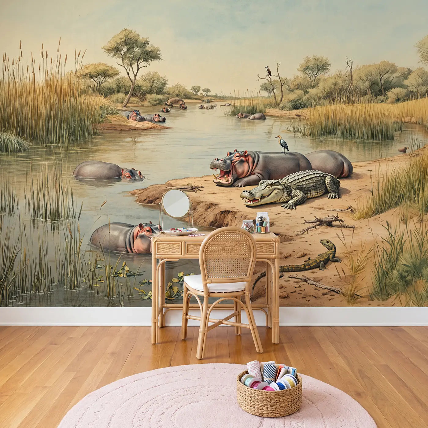 Hippo and Croc River Pool Wallpaper Mural in playroom setting by Whimsy Tots
