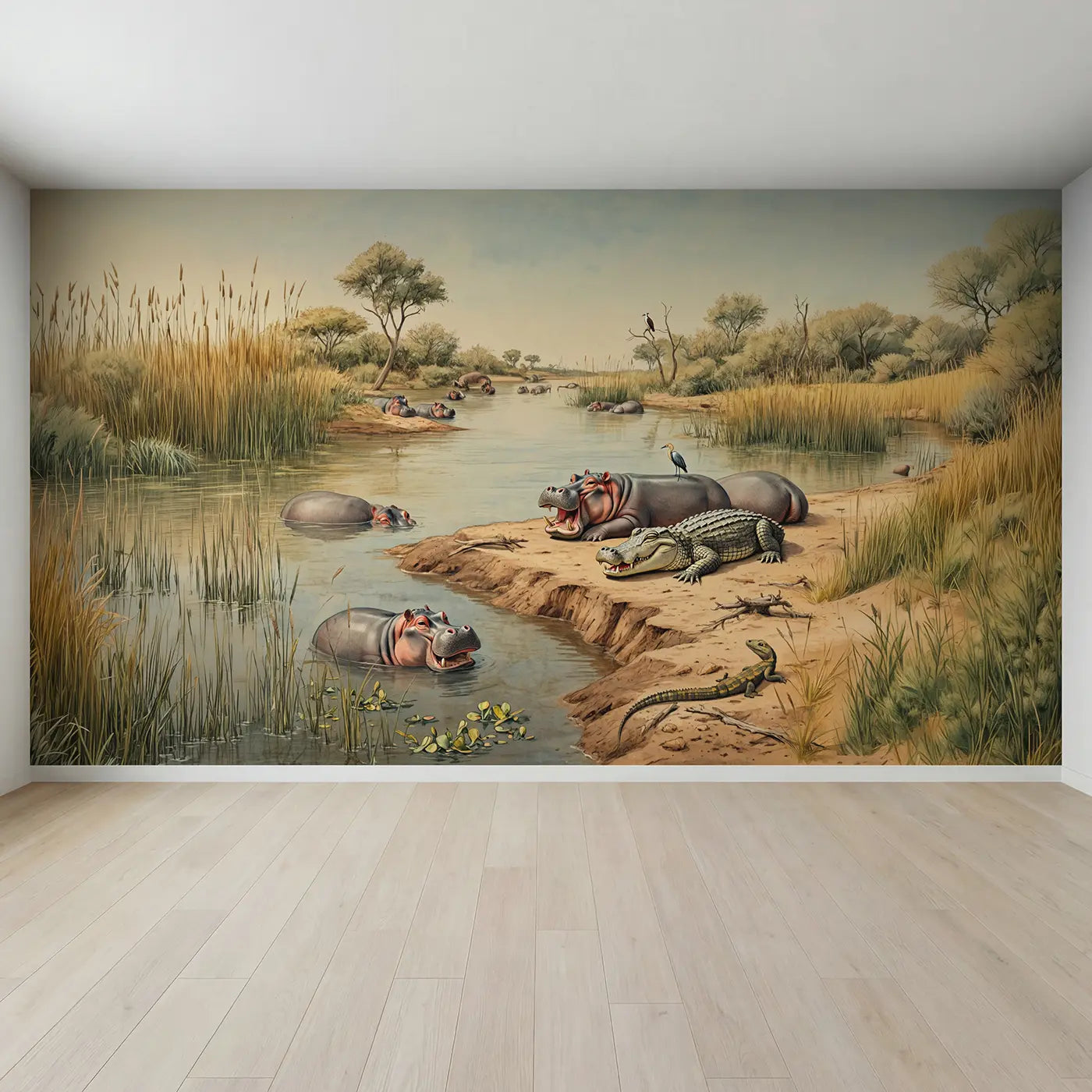 Full view of Hippo and Croc River Pool Wallpaper Mural by Whimsy Tots