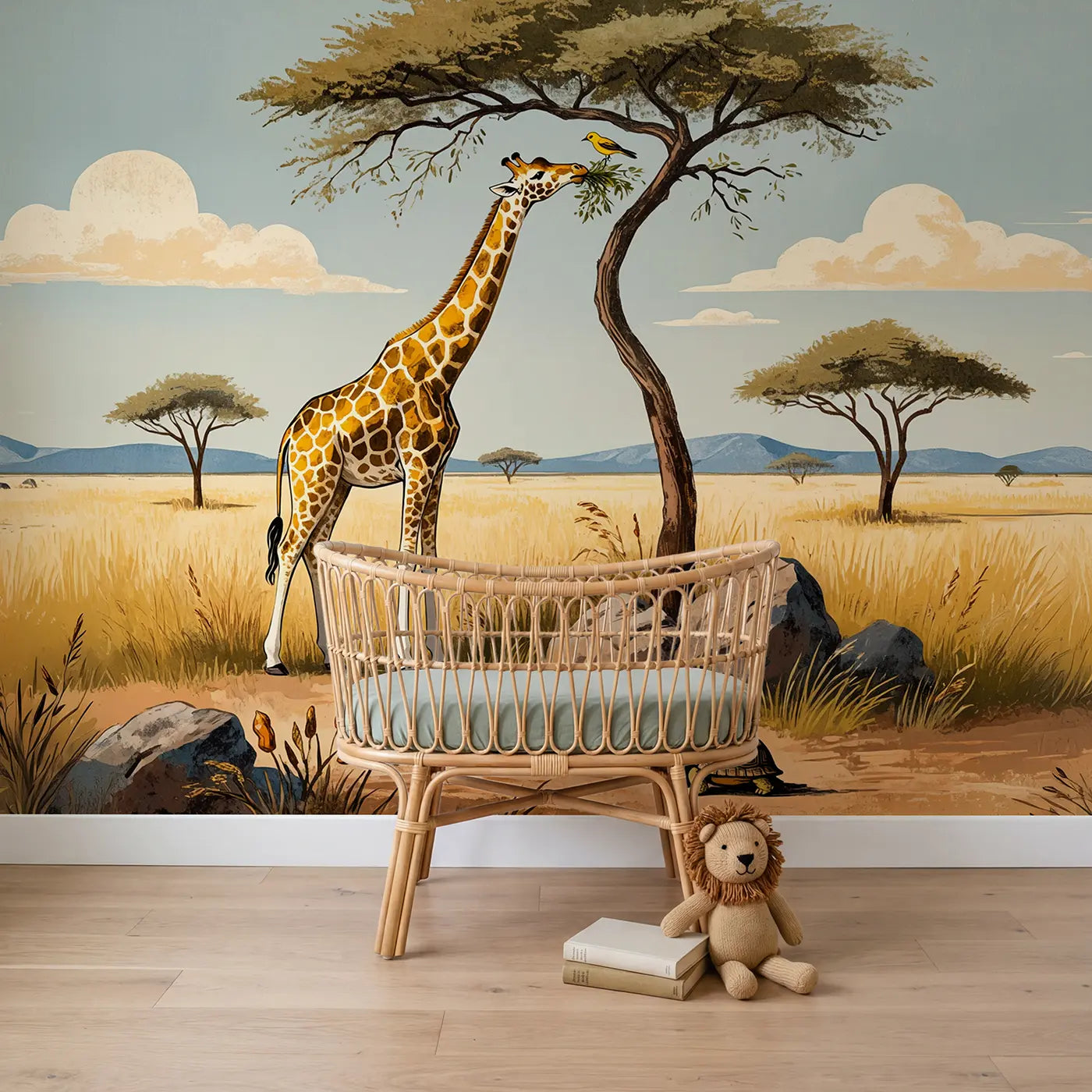 Block print giraffe and acacia savanna wallpaper mural for nursery by Whimsy Tots
