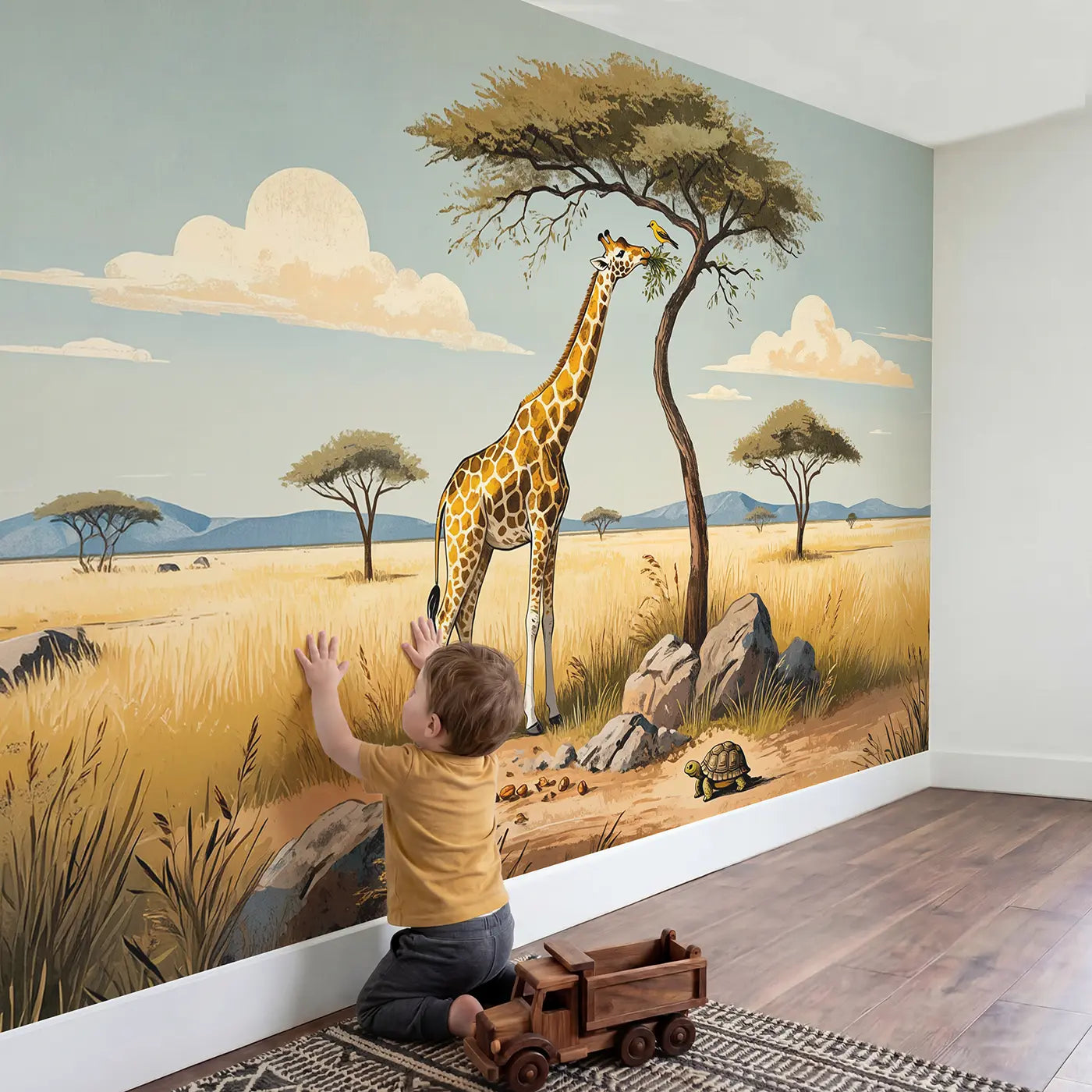 Child in nursery with Gentle Giraffe and Acacia Wallpaper Mural by Whimsy Tots