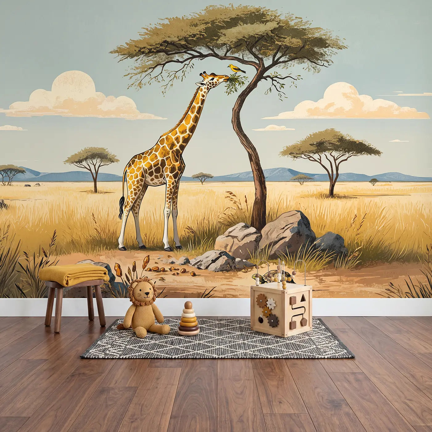Gentle Giraffe and Acacia Wallpaper Mural in playroom setting by Whimsy Tots