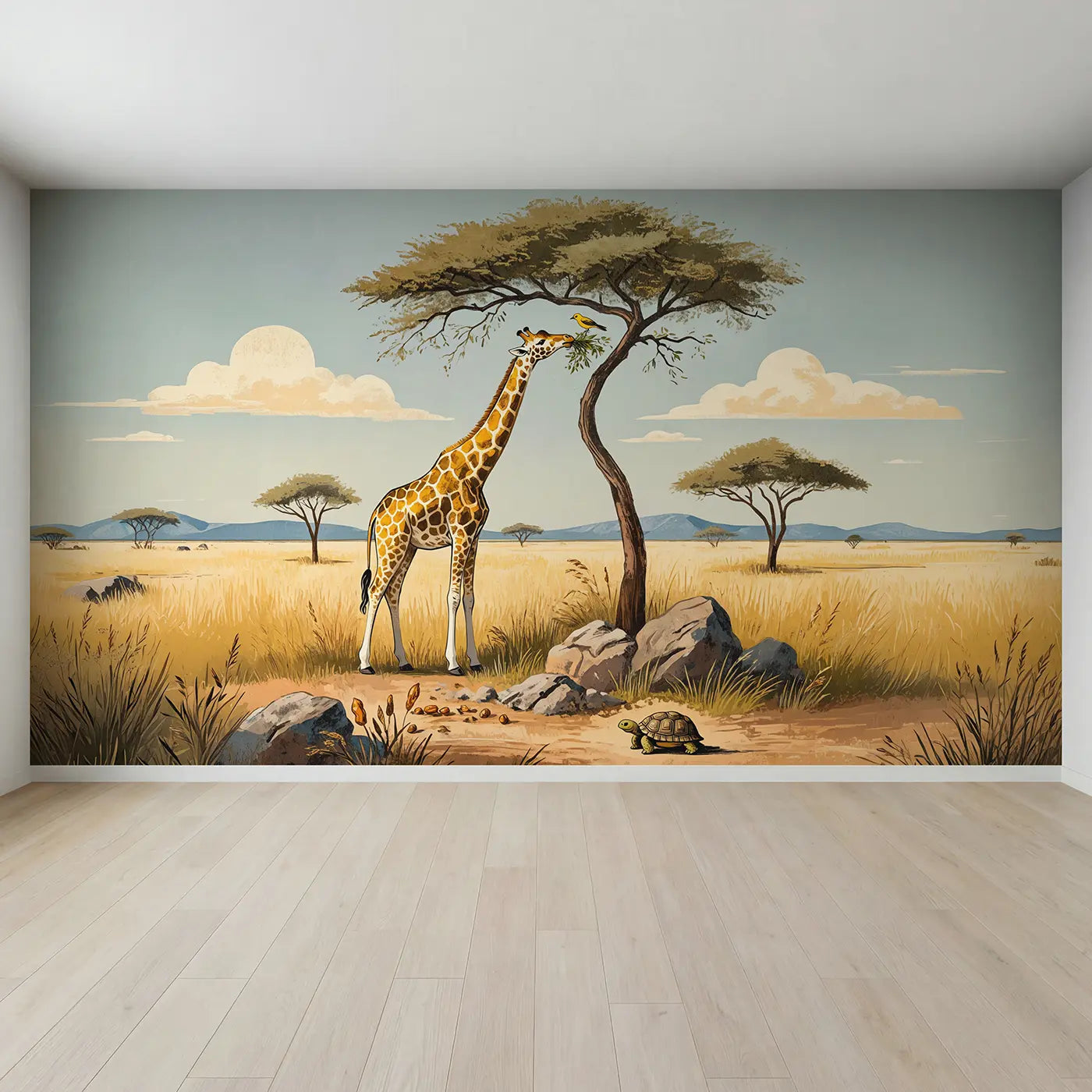 Full view of Gentle Giraffe and Acacia Wallpaper Mural by Whimsy Tots