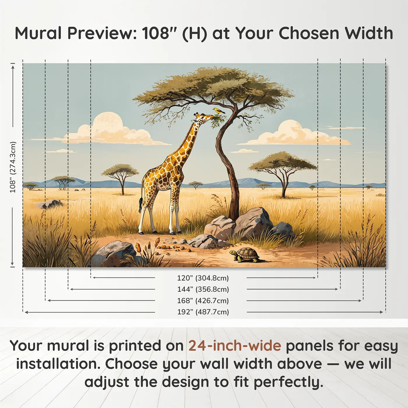 Panel layout and dimensions for Gentle Giraffe and Acacia Wallpaper Mural by Whimsy Tots