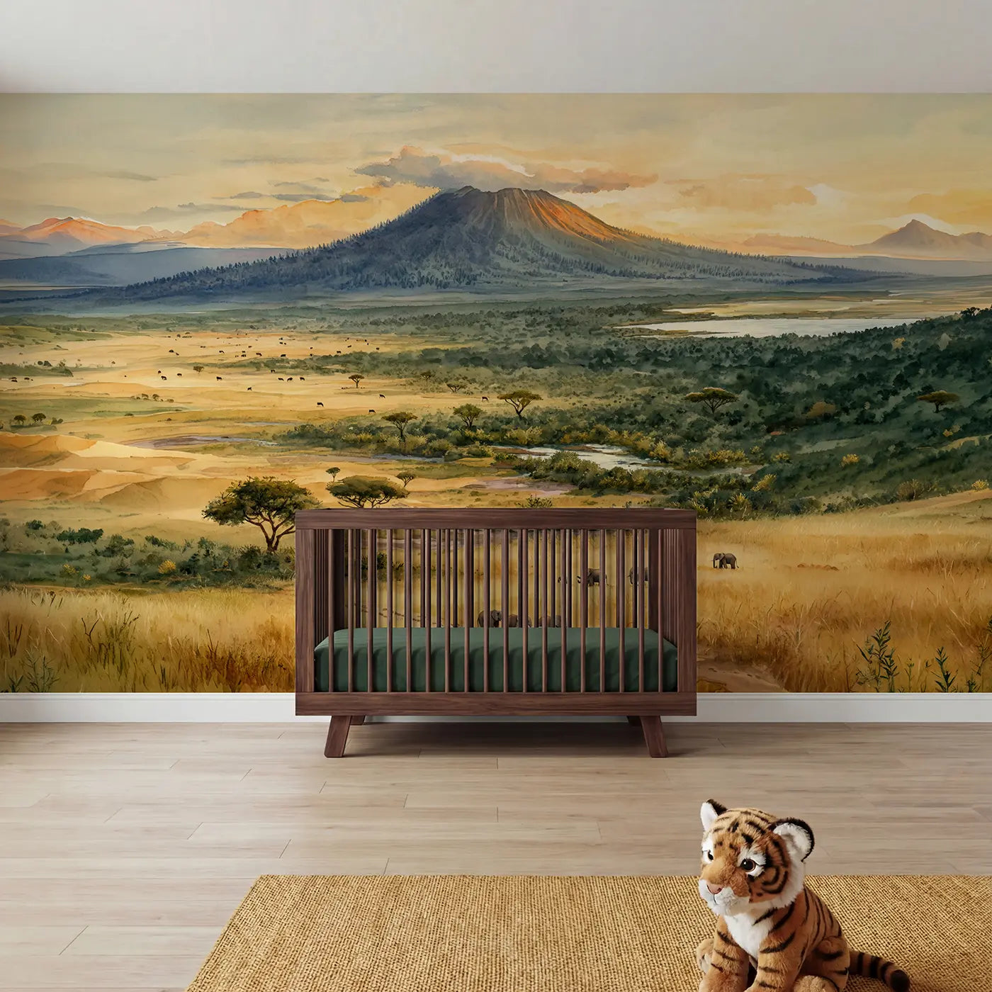 Watercolor layered savanna landscape elephants wallpaper mural for girls nursery by Whimsy Tots