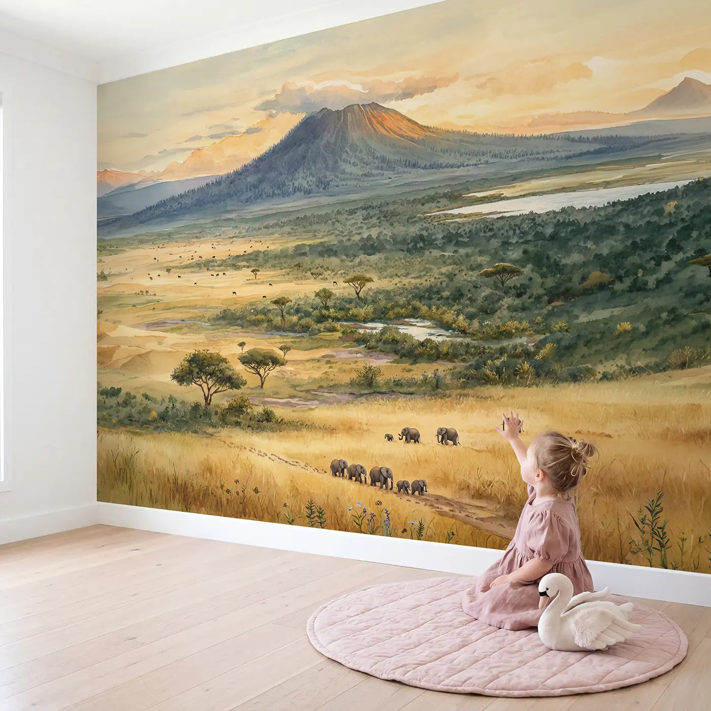 Child in nursery with Layered Savanna Landscape Wallpaper Mural by Whimsy Tots
