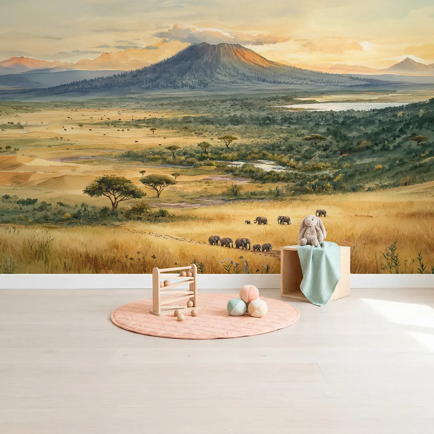 Layered Savanna Landscape Wallpaper Mural in playroom setting by Whimsy Tots