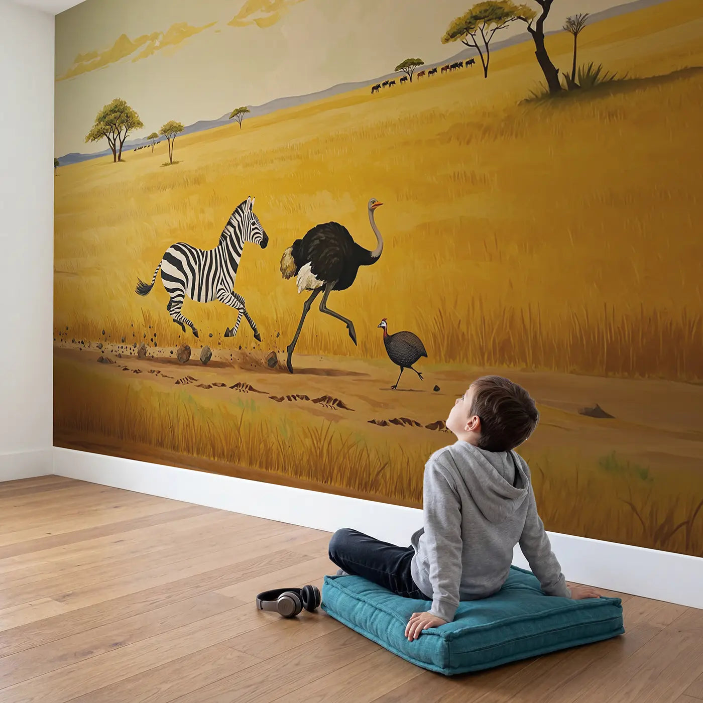 Child in nursery with Zebra and Ostrich Sprint Wallpaper Mural by Whimsy Tots