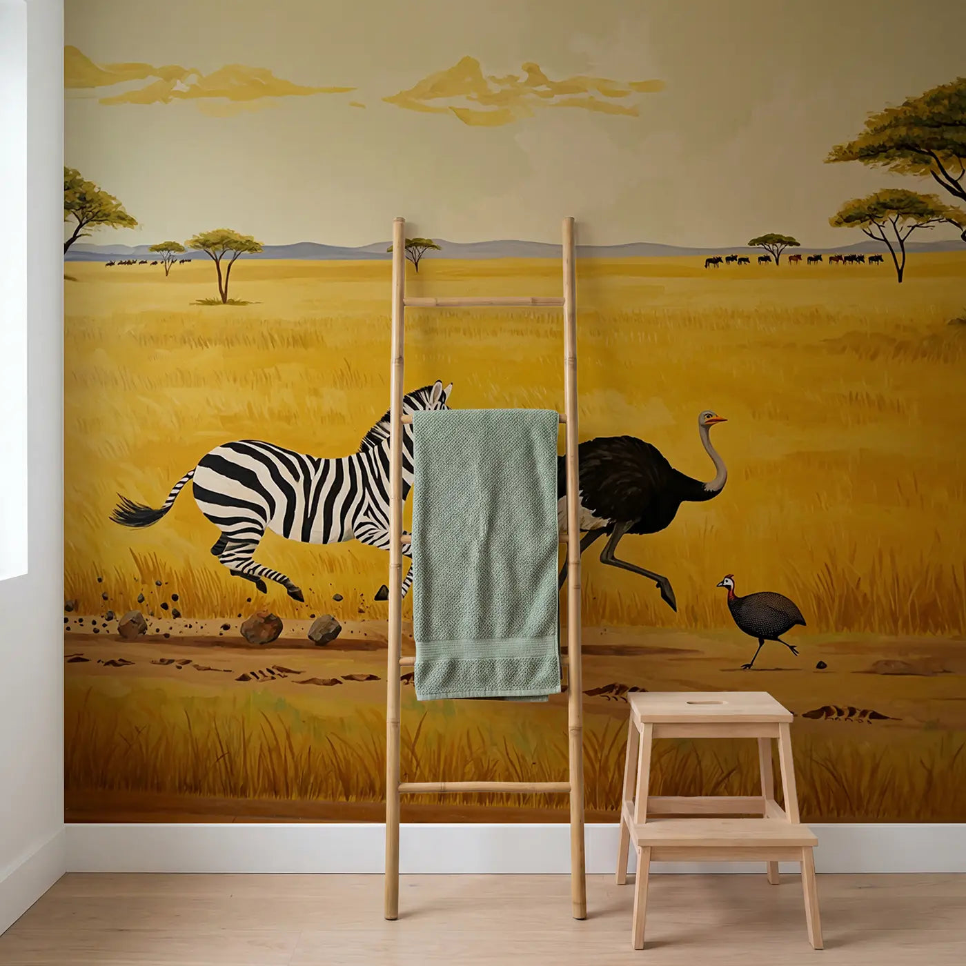 Zebra and Ostrich Sprint Wallpaper Mural in playroom setting by Whimsy Tots