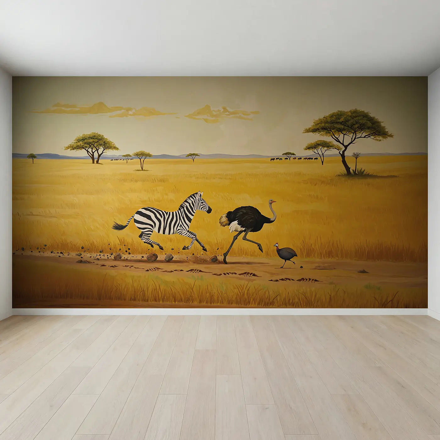 Full view of Zebra and Ostrich Sprint Wallpaper Mural by Whimsy Tots
