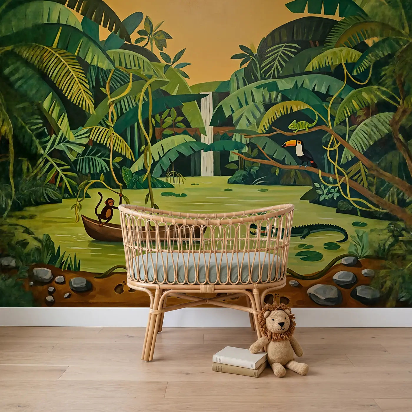 Modern illustration crocodile and monkey savanna wallpaper mural for boys room by Whimsy Tots