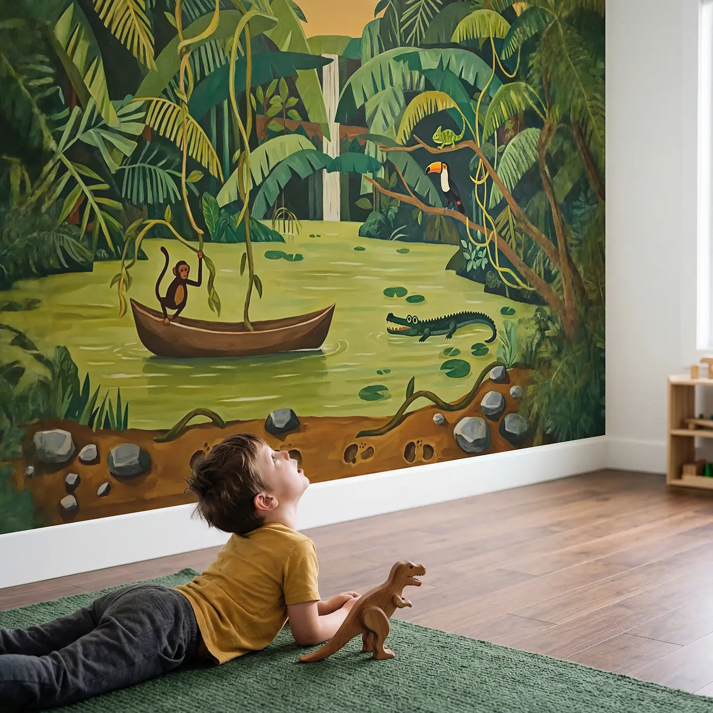 Child in nursery with Jungle River Expedition Wallpaper Mural by Whimsy Tots