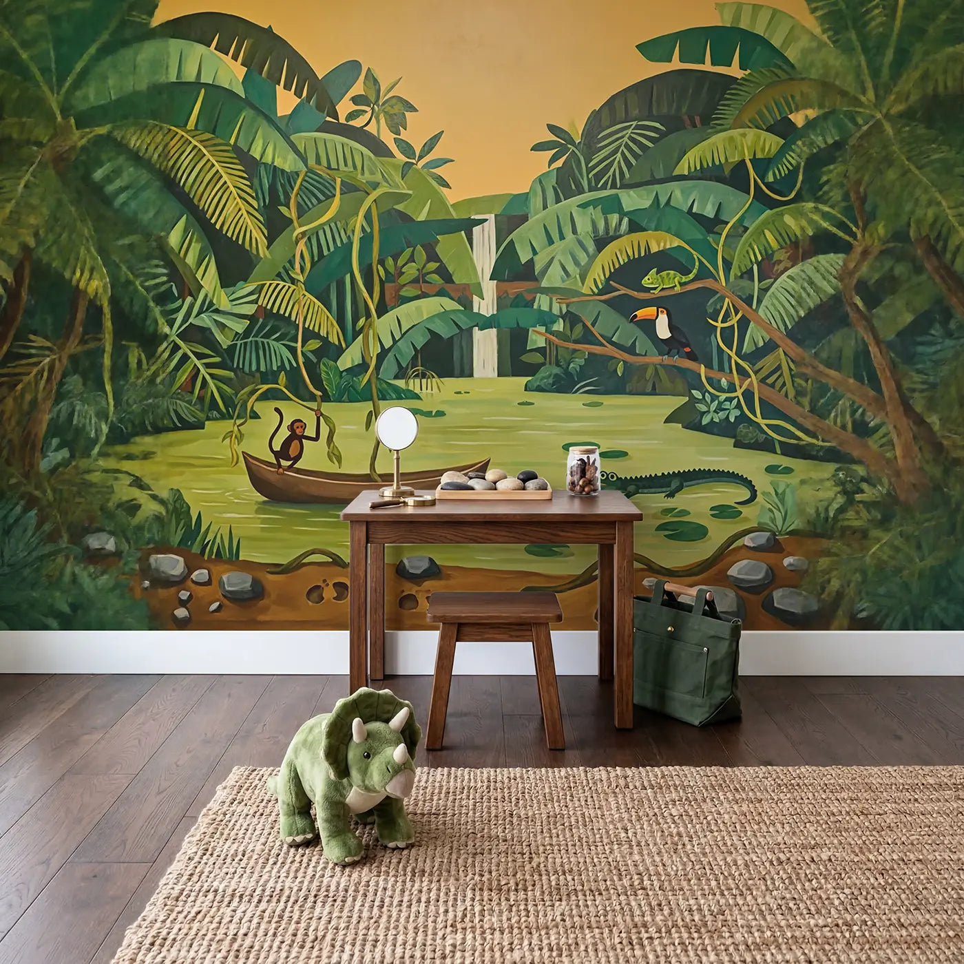 Jungle River Expedition Wallpaper Mural in playroom setting by Whimsy Tots