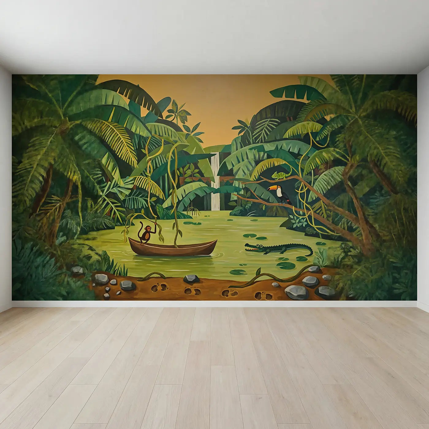 Full view of Jungle River Expedition Wallpaper Mural by Whimsy Tots