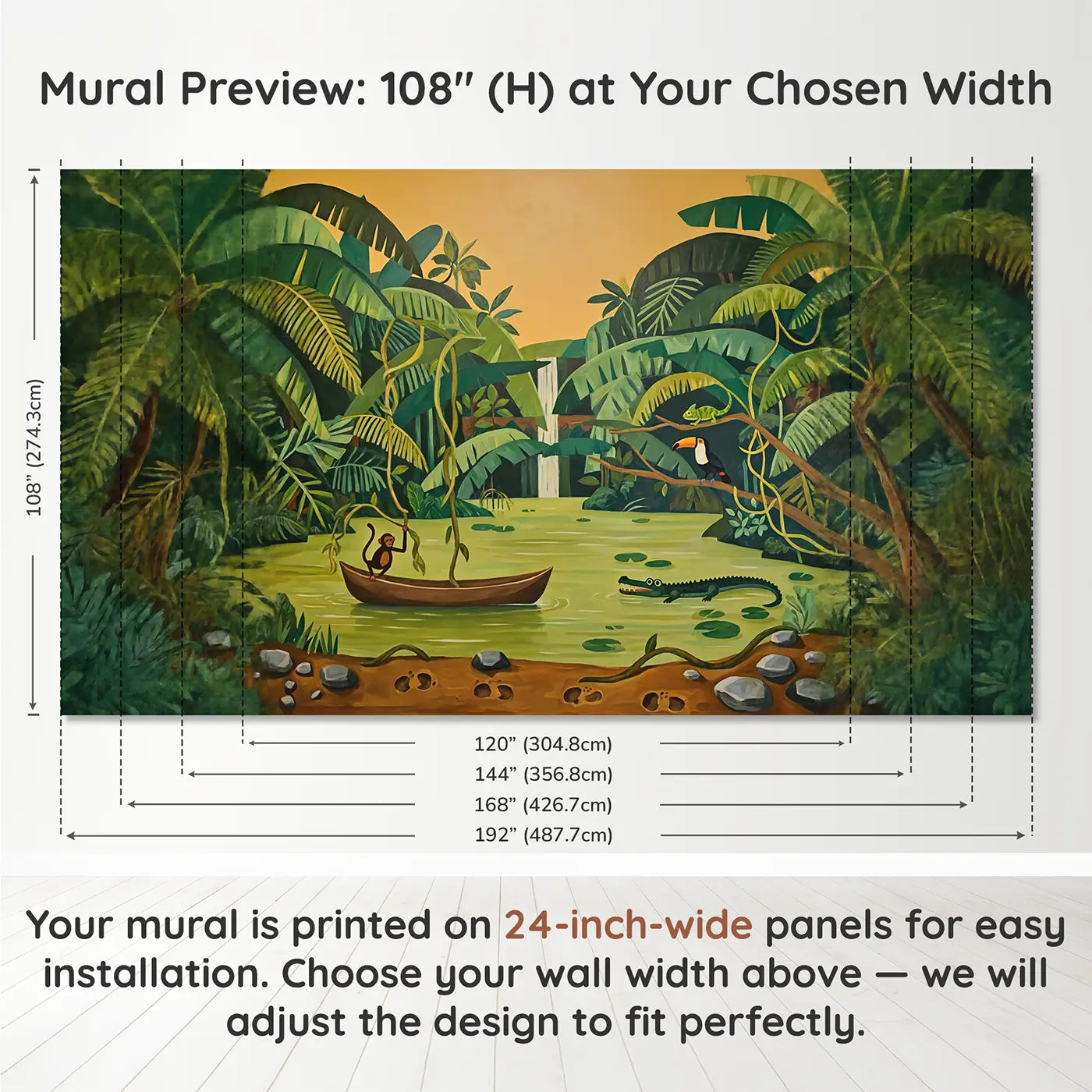 Panel layout and dimensions for Jungle River Expedition Wallpaper Mural by Whimsy Tots