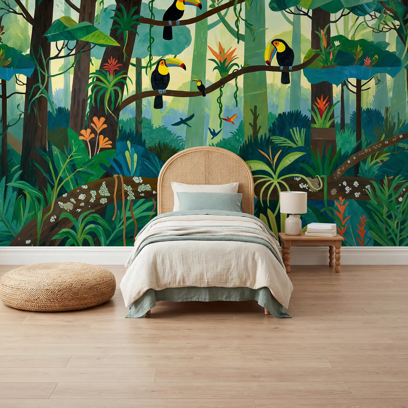 modern illustration toucan family jungle branches rainforest mural for kids room by Whimsy Tots