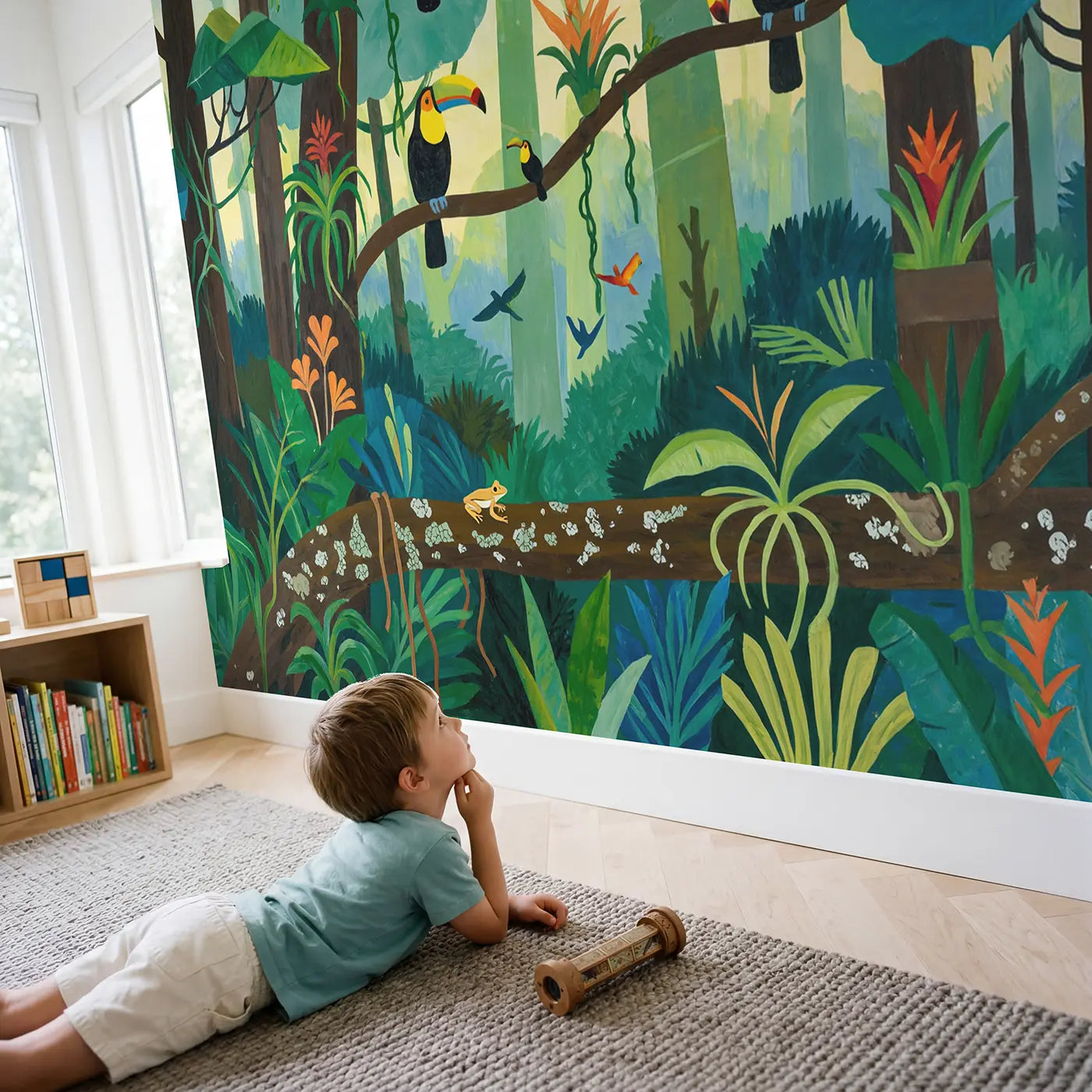 Child in nursery with Toucan Family Rainbow Branches Wallpaper Mural by Whimsy Tots
