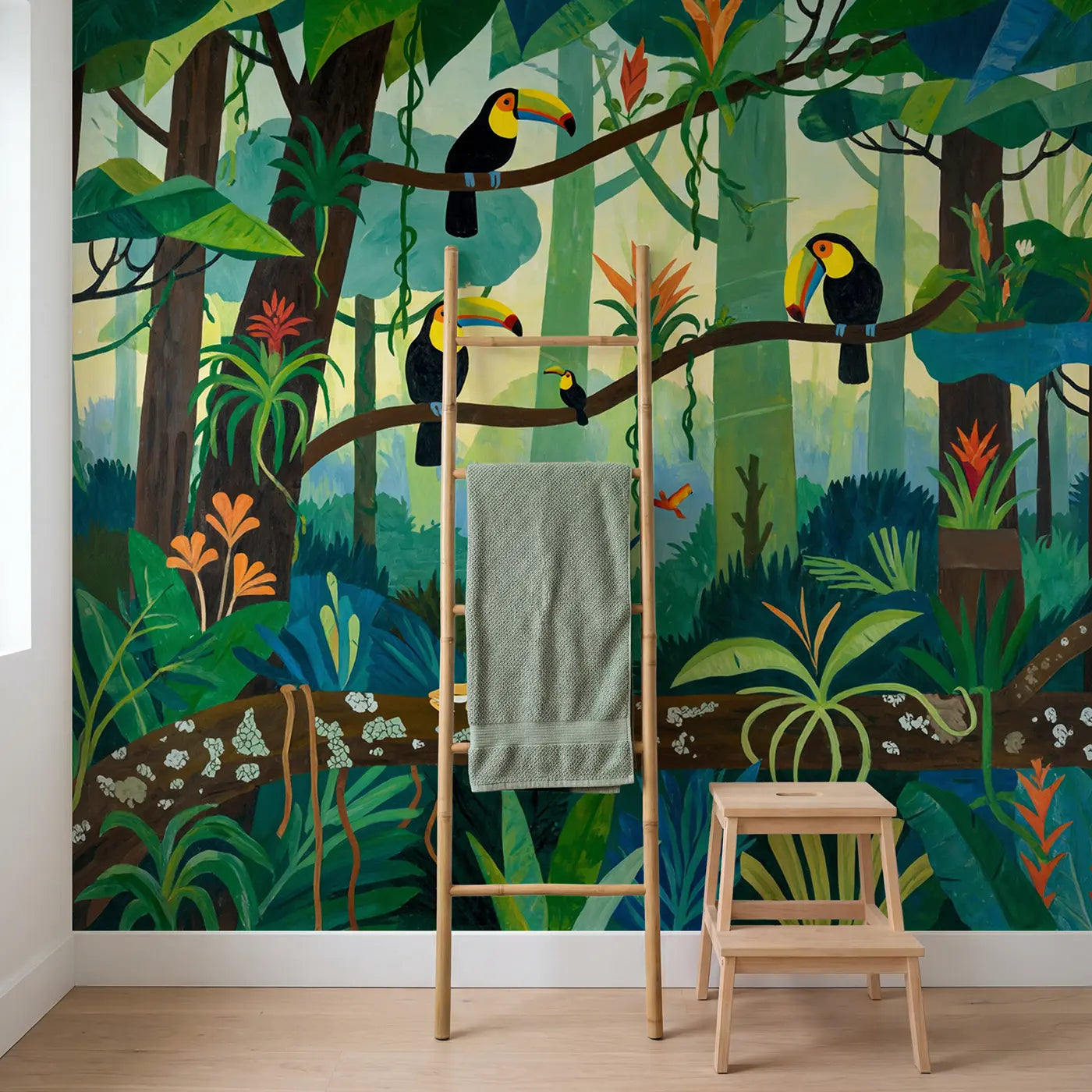 Toucan Family Rainbow Branches Wallpaper Mural in playroom setting by Whimsy Tots