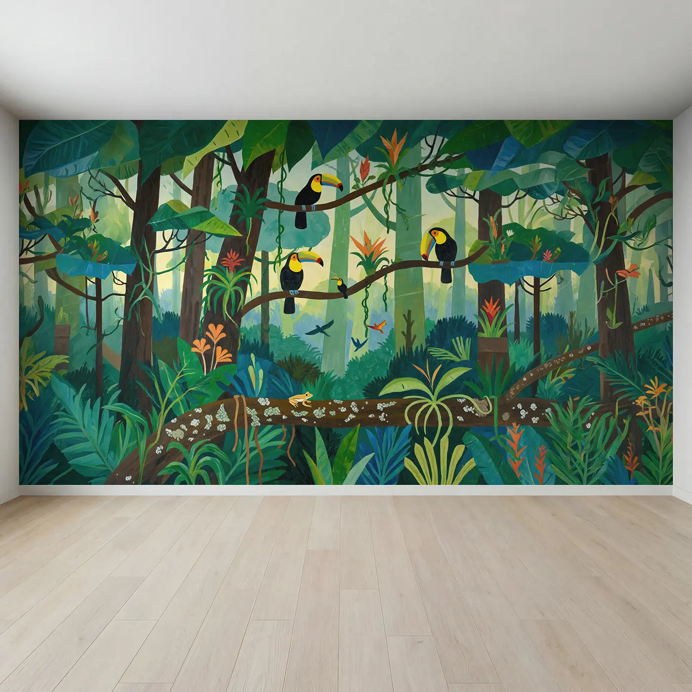 Full view of Toucan Family Rainbow Branches Wallpaper Mural by Whimsy Tots