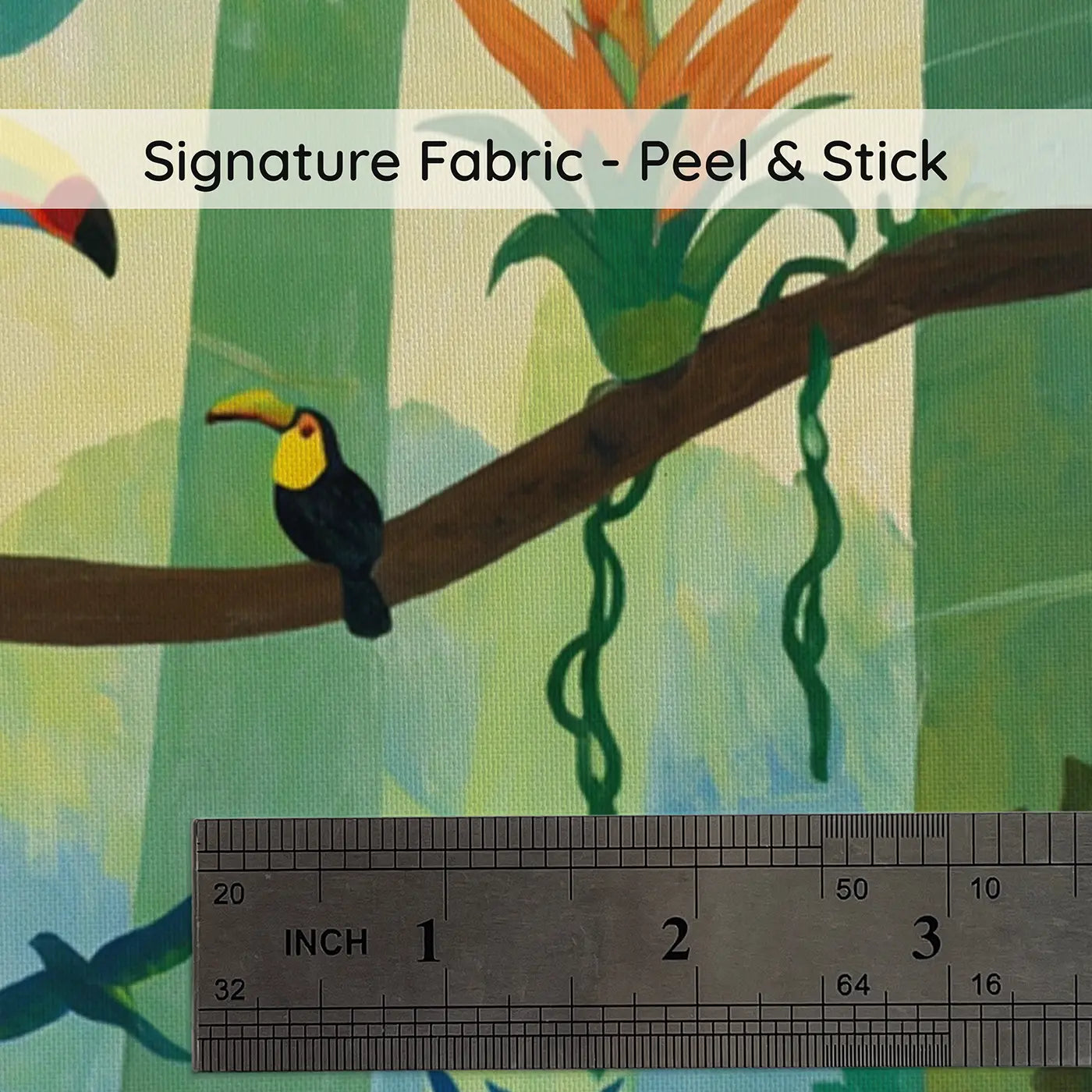 Fabric texture close-up of Toucan Family Rainbow Branches Wallpaper Mural by Whimsy Tots