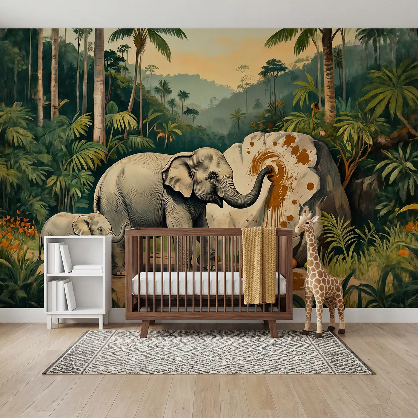 painted landscape elephant painting mud art jungle wallpaper mural for kids room by Whimsy Tots
