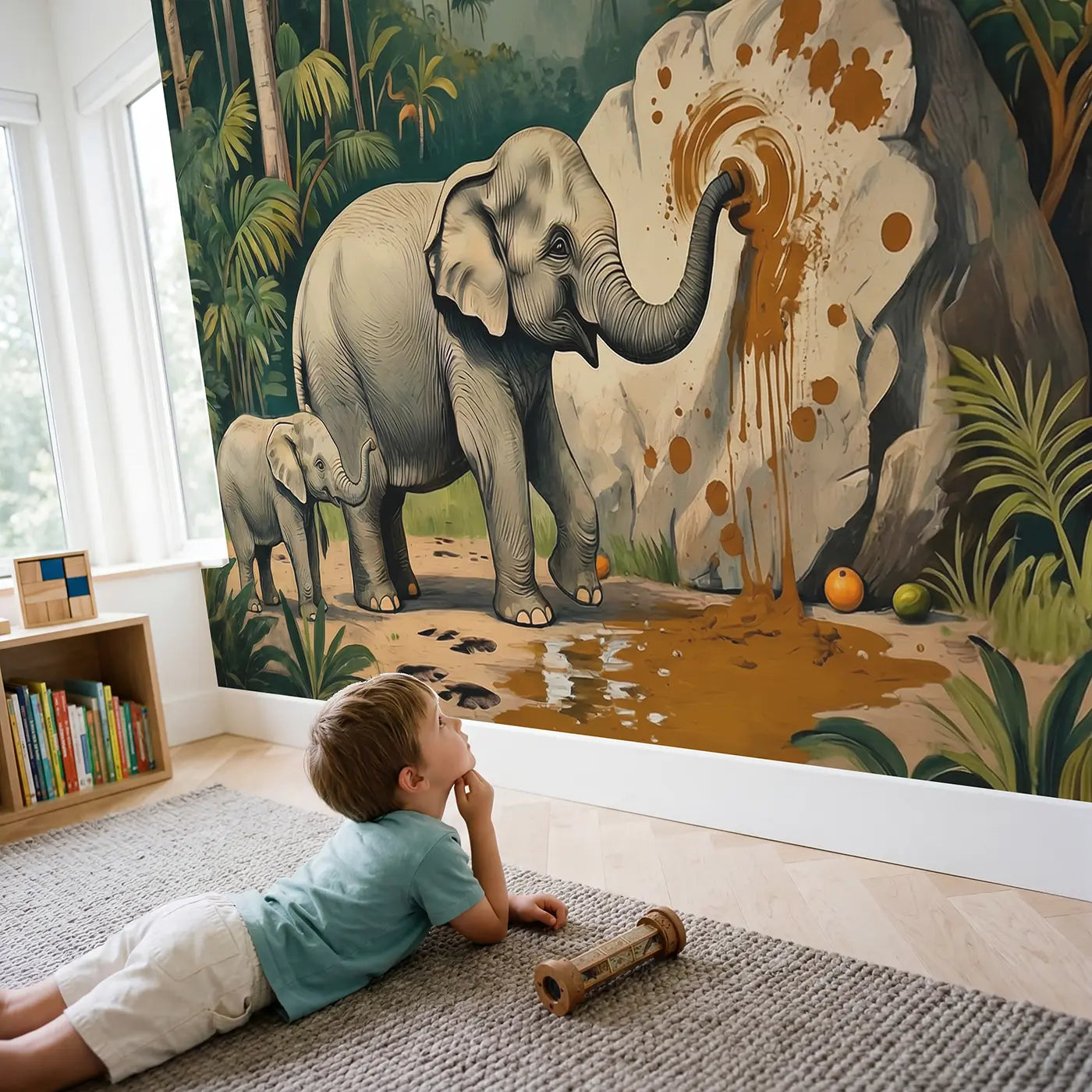 Child in nursery with Elephant Painting Mud Art Wallpaper Mural by Whimsy Tots