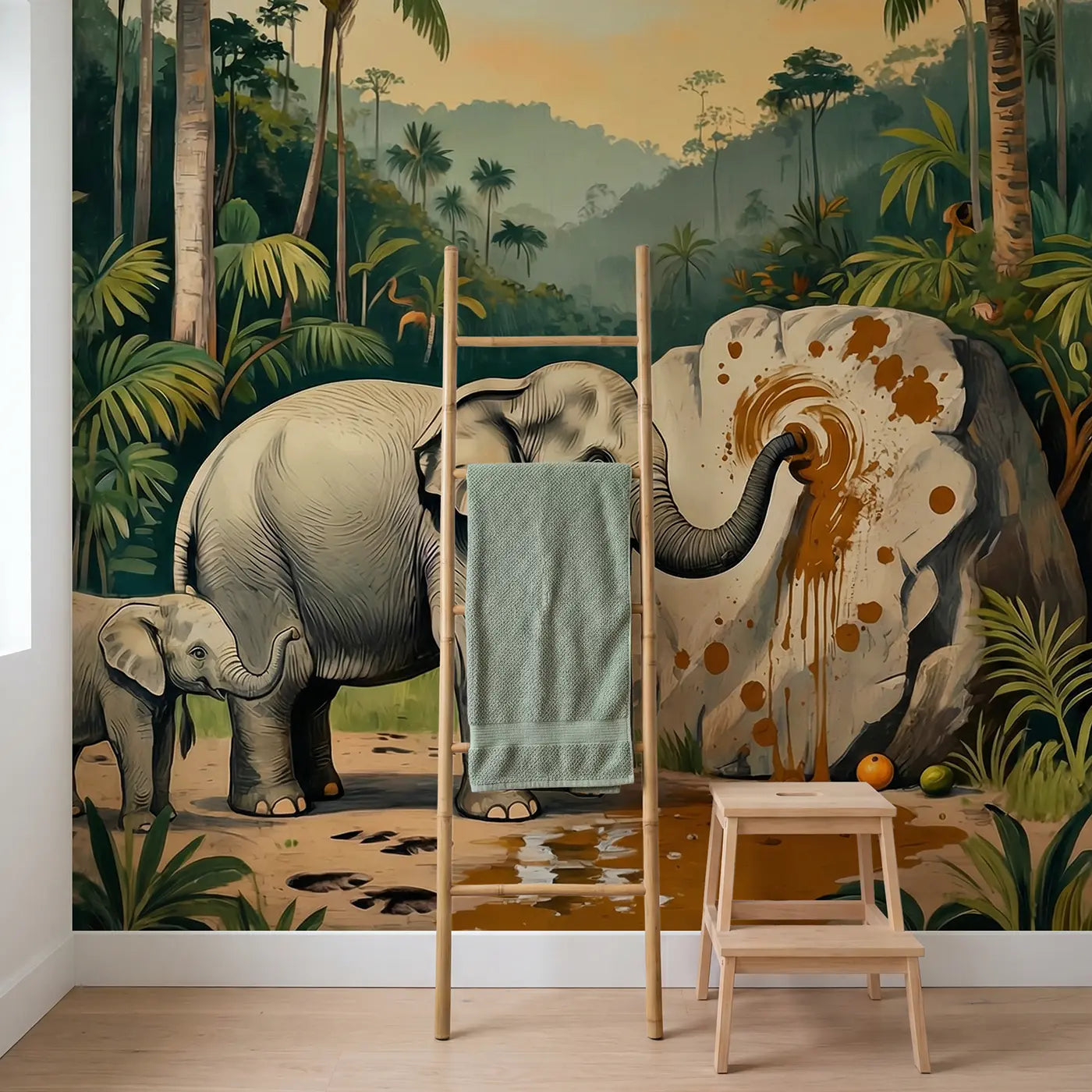 Elephant Painting Mud Art Wallpaper Mural in playroom setting by Whimsy Tots