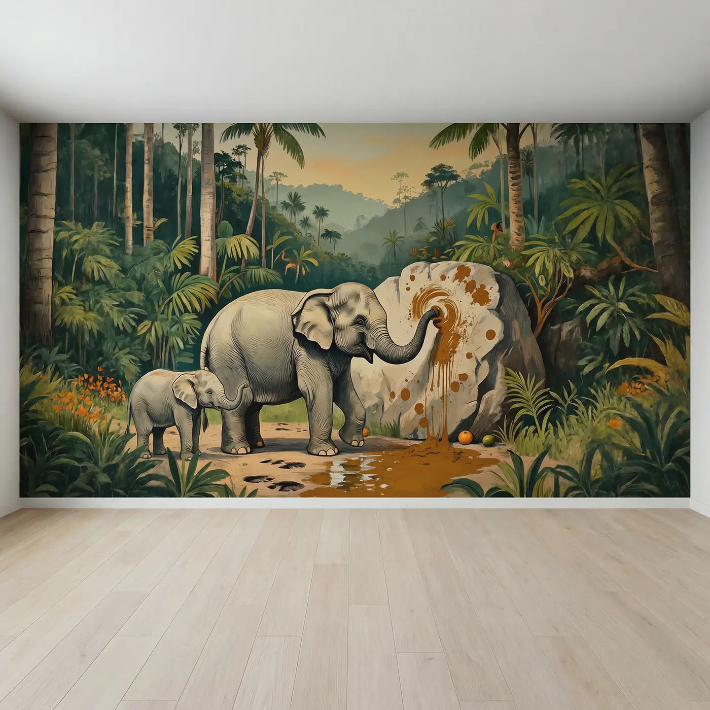 Full view of Elephant Painting Mud Art Wallpaper Mural by Whimsy Tots
