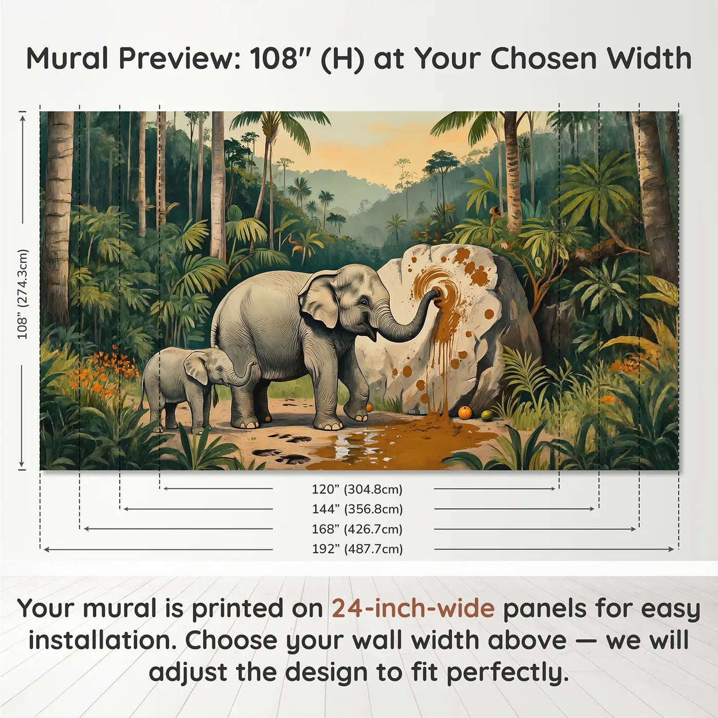 Panel layout and dimensions for Elephant Painting Mud Art Wallpaper Mural by Whimsy Tots