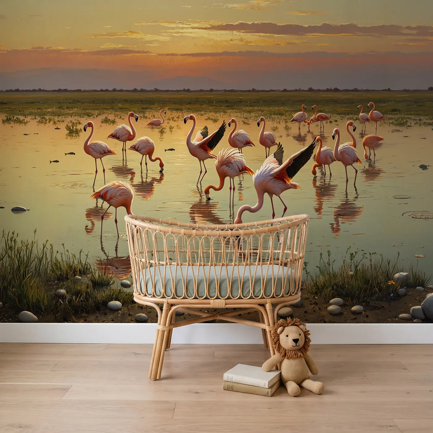 painted landscape flamingos sunset lagoon African wallpaper mural for nursery by Whimsy Tots