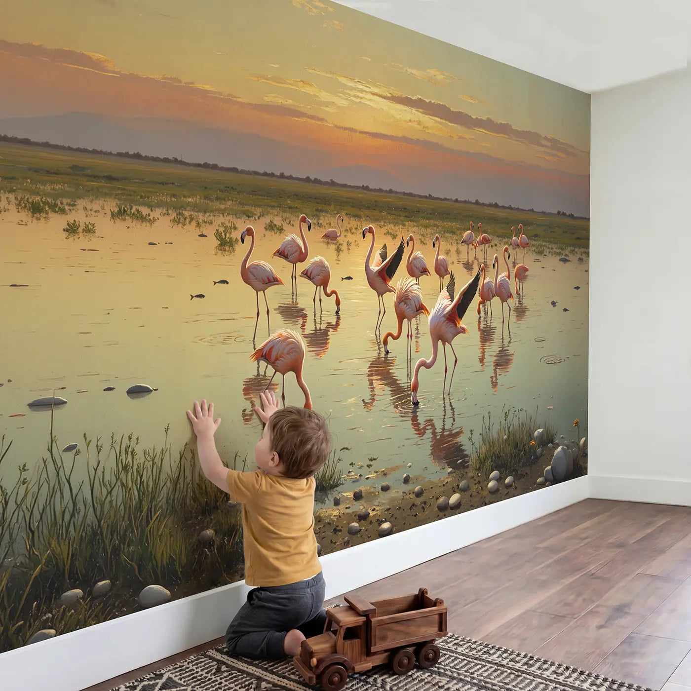 Child in nursery with Flamingo Sunset Ballet Wallpaper Mural by Whimsy Tots