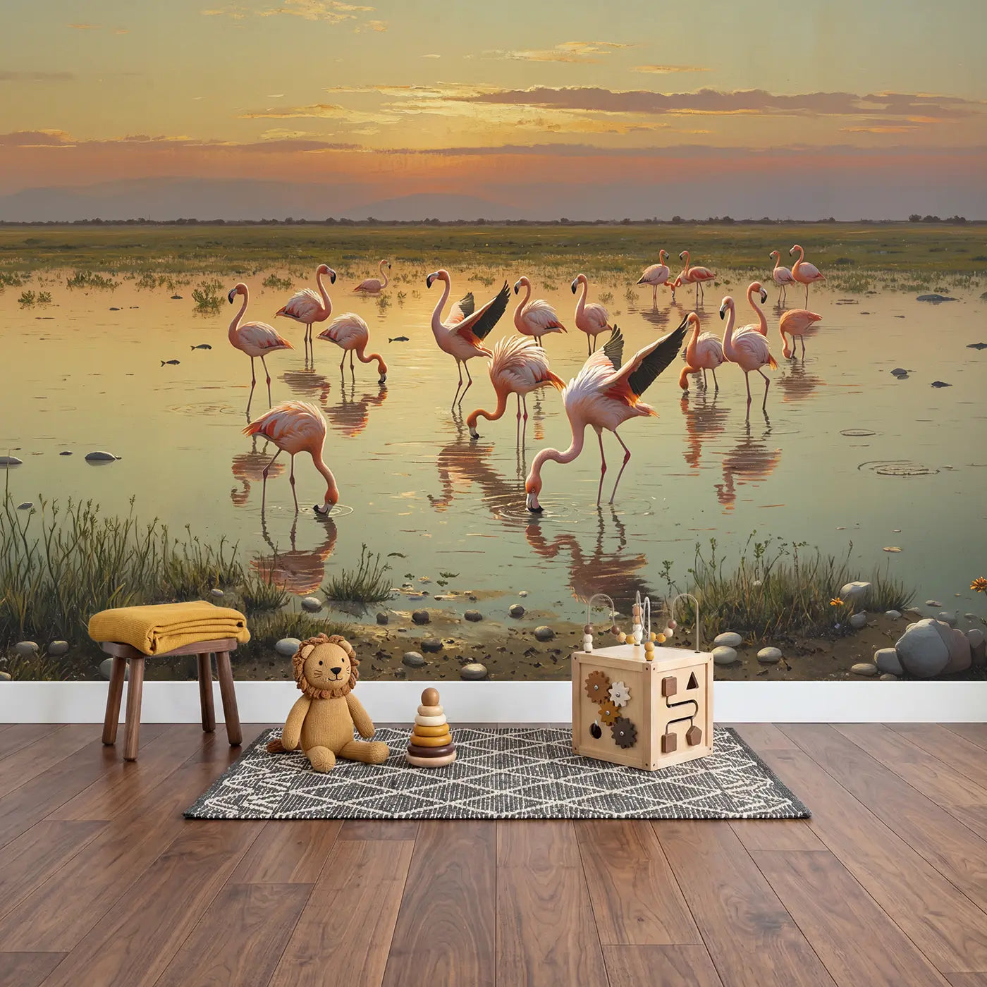 Flamingo Sunset Ballet Wallpaper Mural in playroom setting by Whimsy Tots