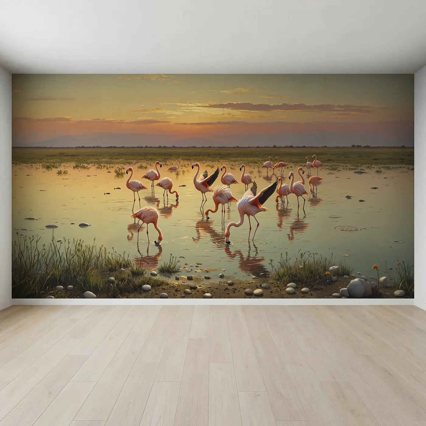 Full view of Flamingo Sunset Ballet Wallpaper Mural by Whimsy Tots